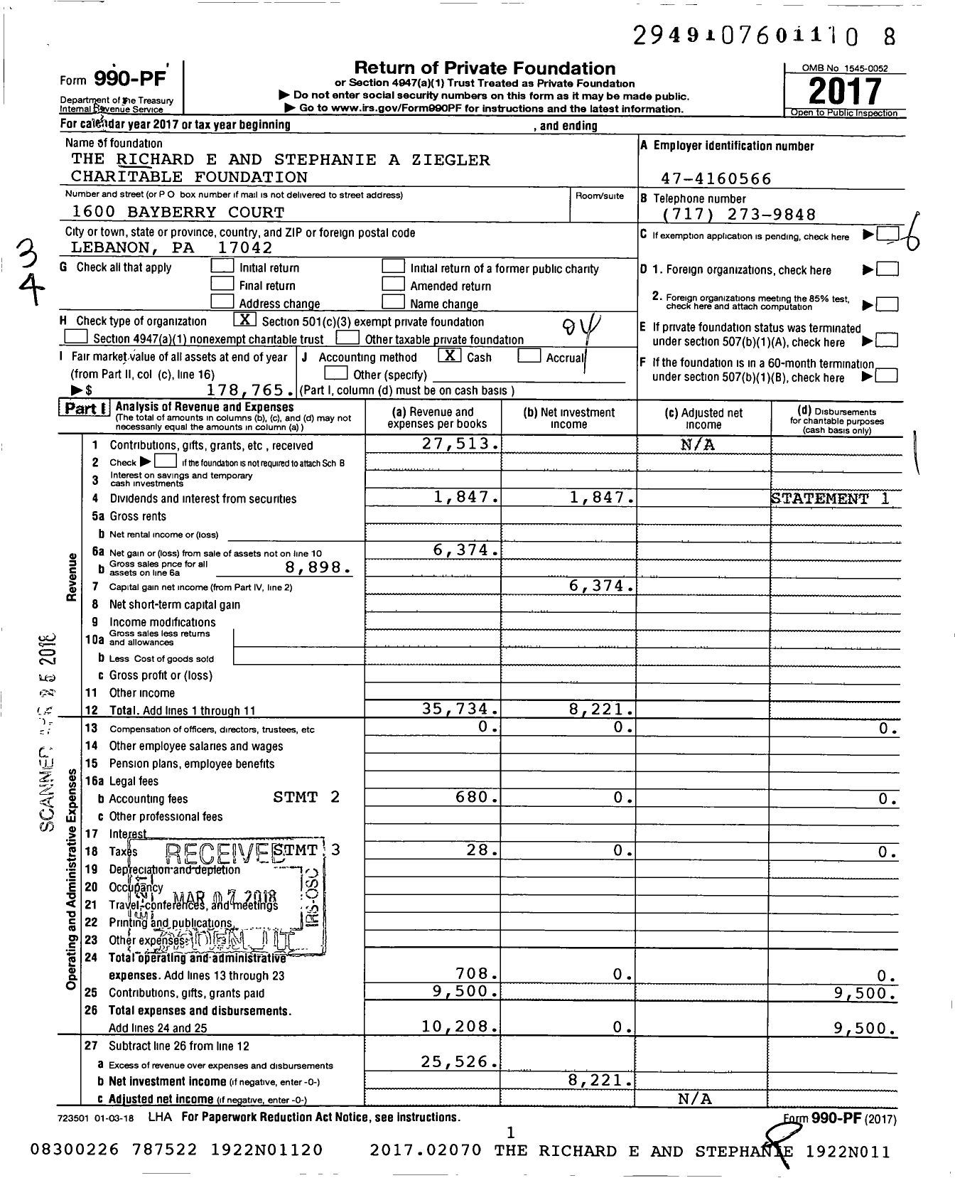 Image of first page of 2017 Form 990PF for The Richard E and Stephanie A Ziegler Charitable Foundation