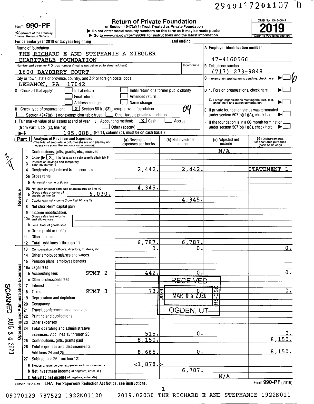 Image of first page of 2019 Form 990PR for The Richard E and Stephanie A Ziegler Charitable Foundation