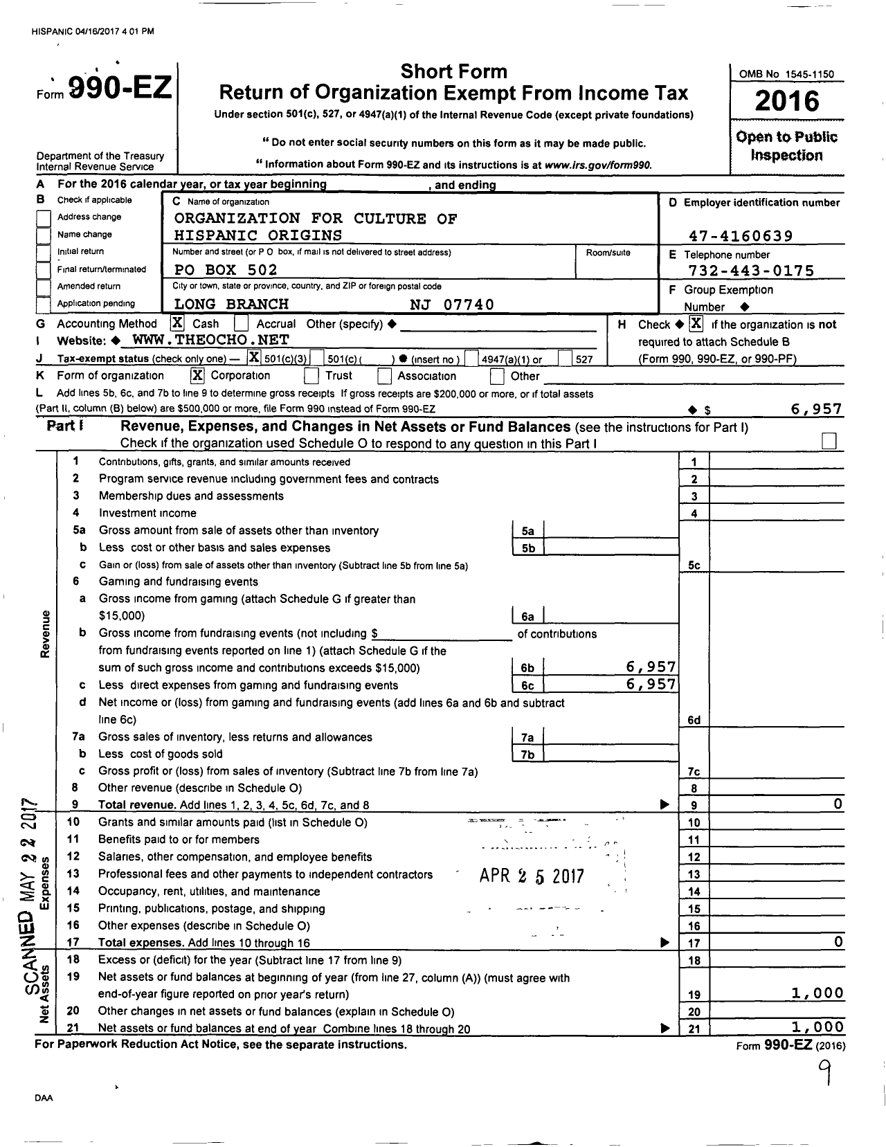 Image of first page of 2016 Form 990EZ for Organization for Culture of Hispanic Origin