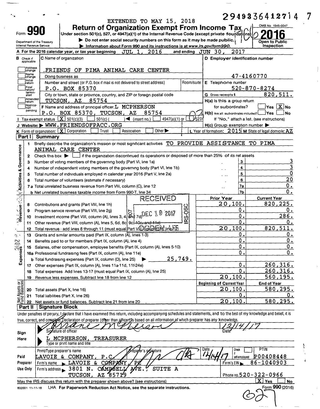 Image of first page of 2016 Form 990 for Friends of Pima Animal Care Center