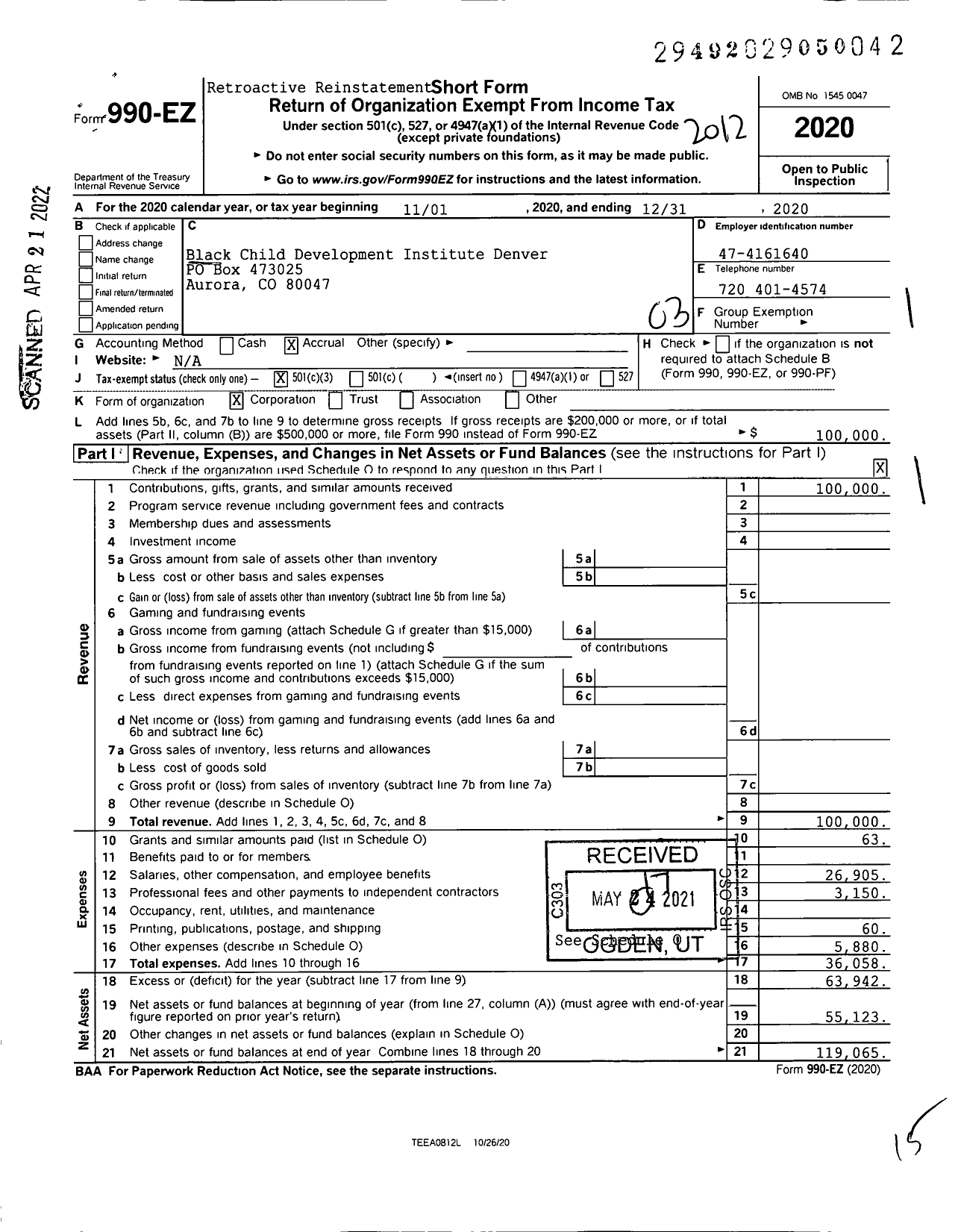 Image of first page of 2020 Form 990EZ for Bcdi - Colorado