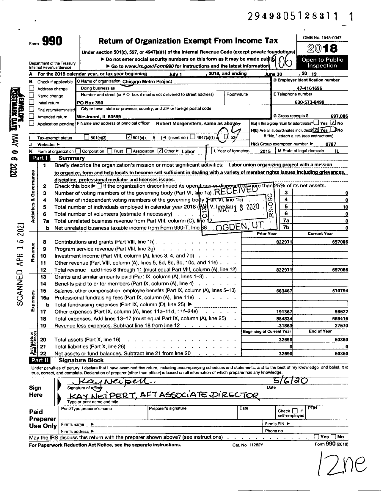 Image of first page of 2018 Form 990O for American Federation of Teachers - Chicago Metro Org Project