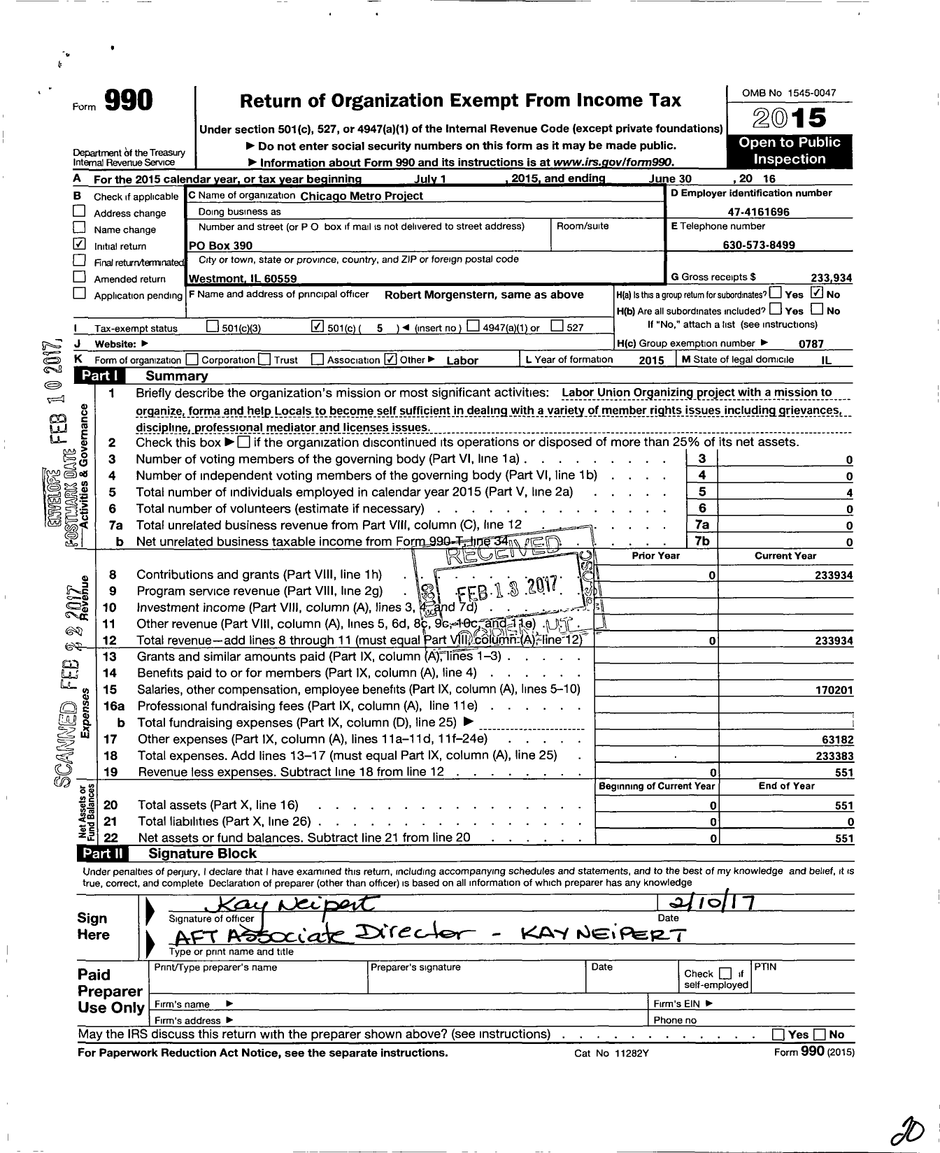 Image of first page of 2015 Form 990O for American Federation of Teachers - Chicago Metro Org Project