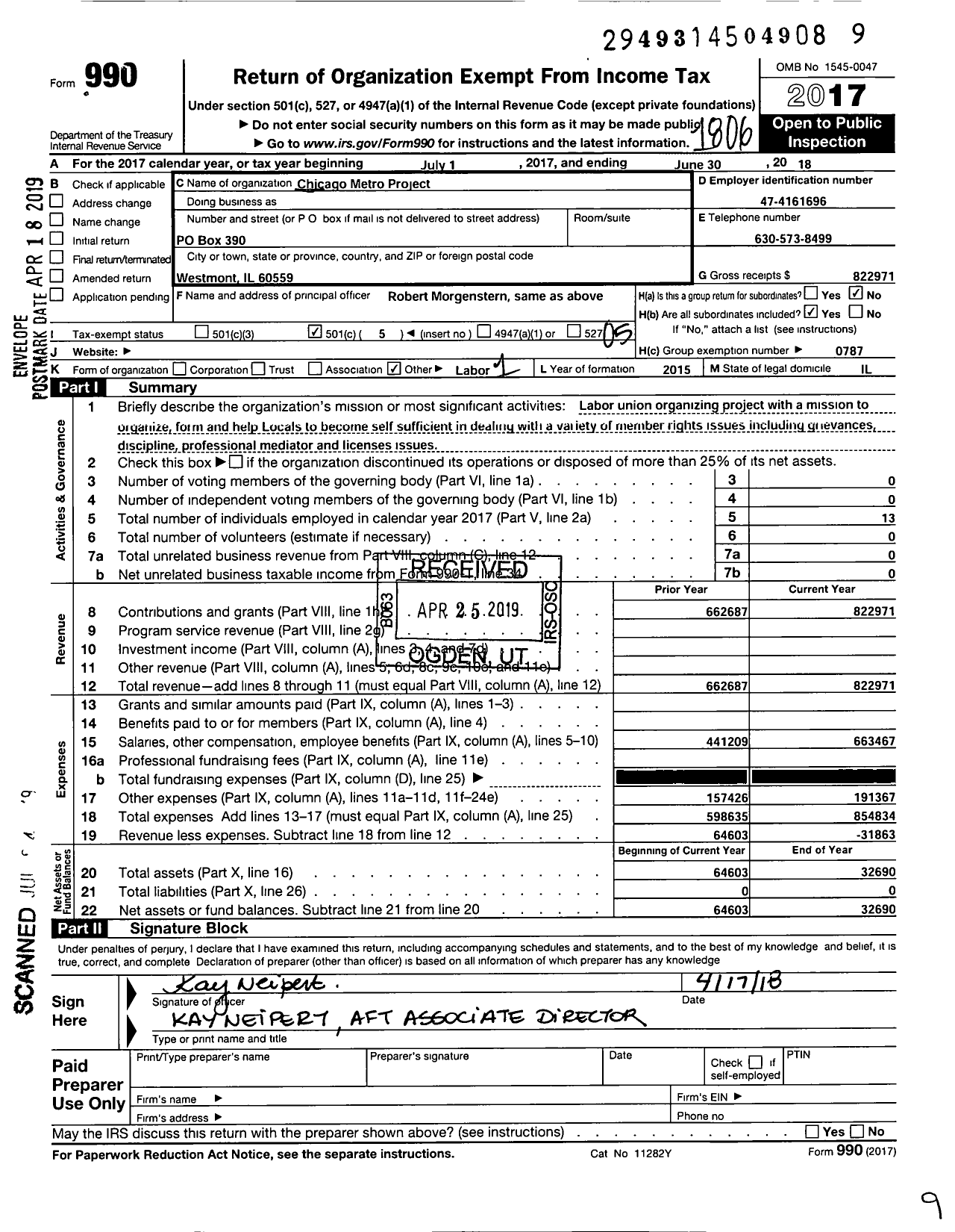 Image of first page of 2017 Form 990O for American Federation of Teachers - Chicago Metro Org Project