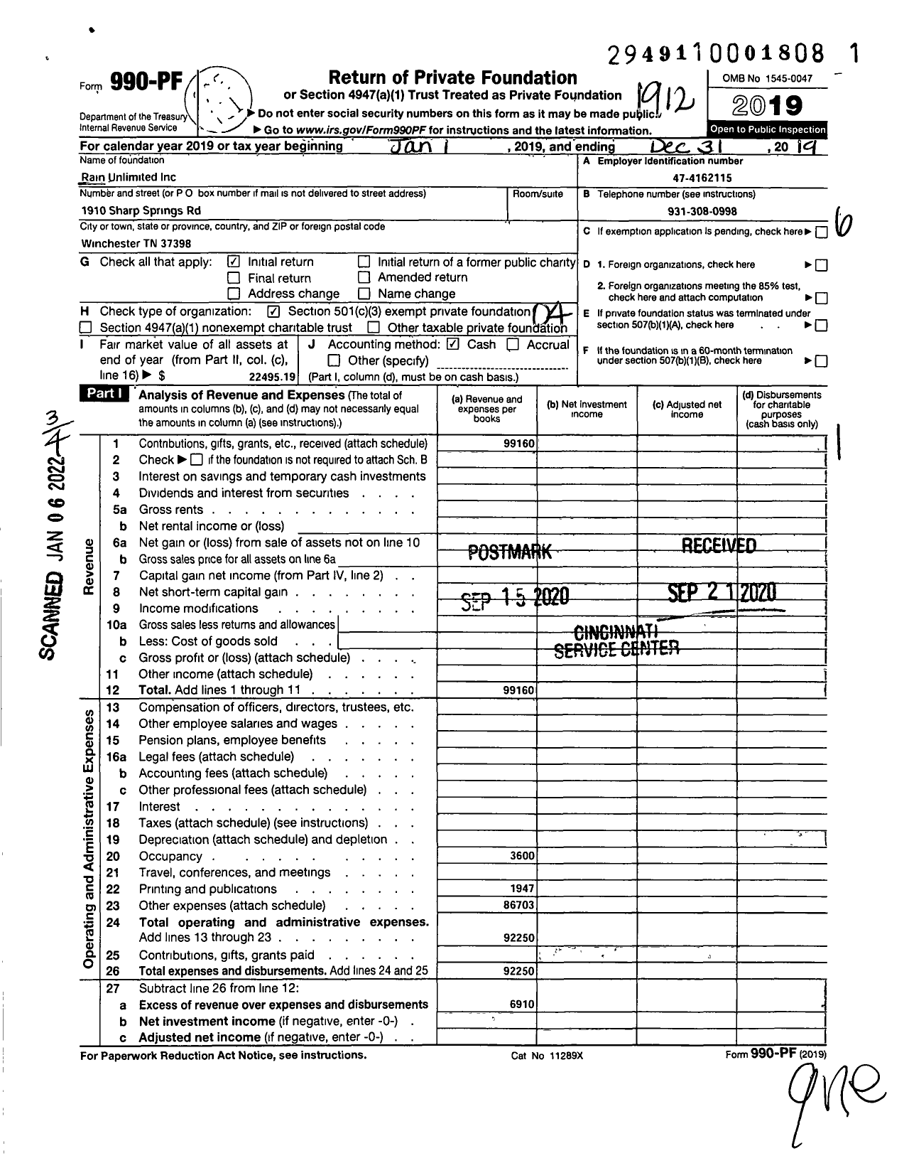 Image of first page of 2019 Form 990PF for Rain Unlimited