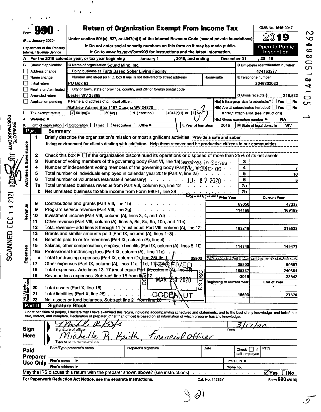 Image of first page of 2019 Form 990 for Sound Mind