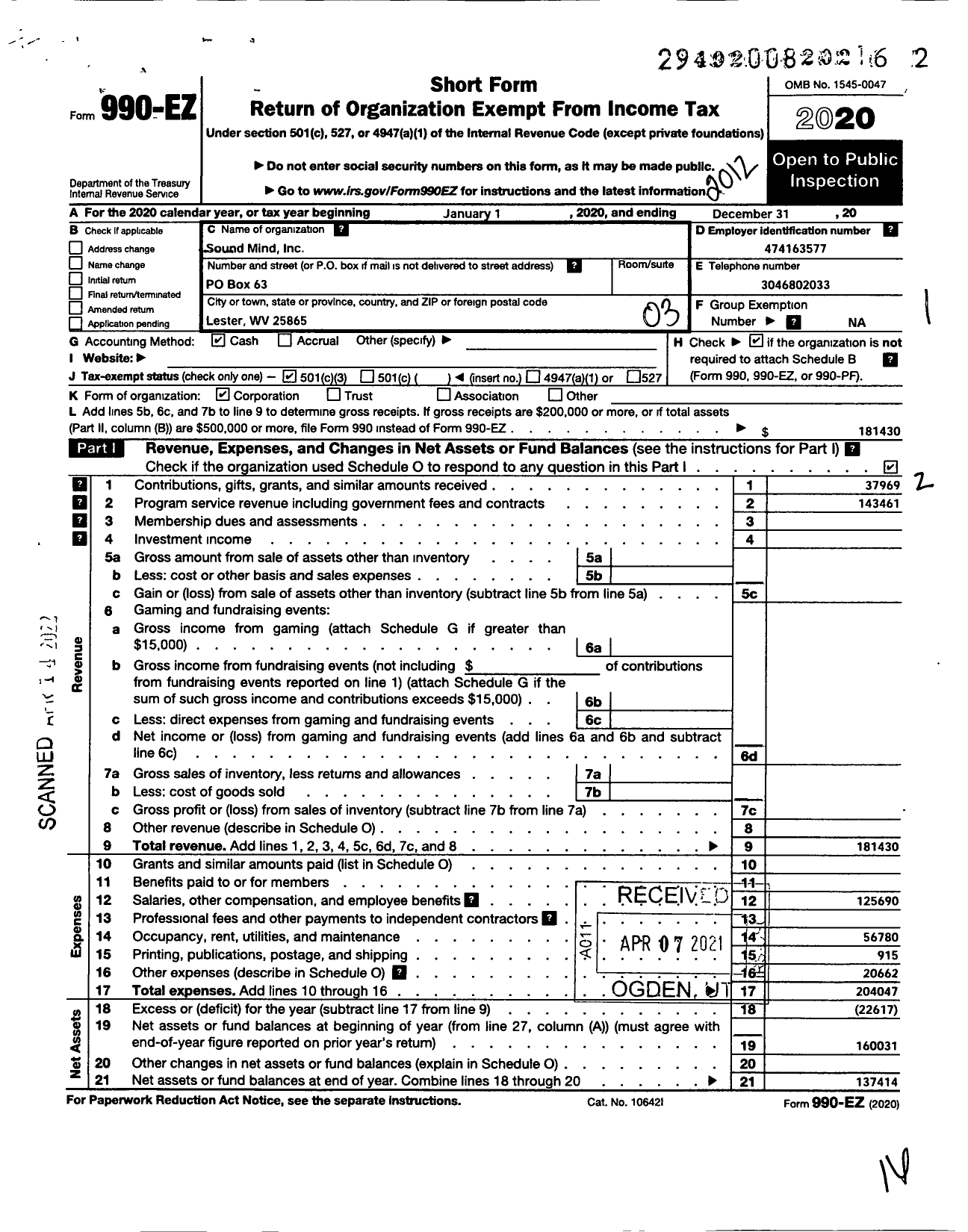 Image of first page of 2020 Form 990EZ for Sound Mind