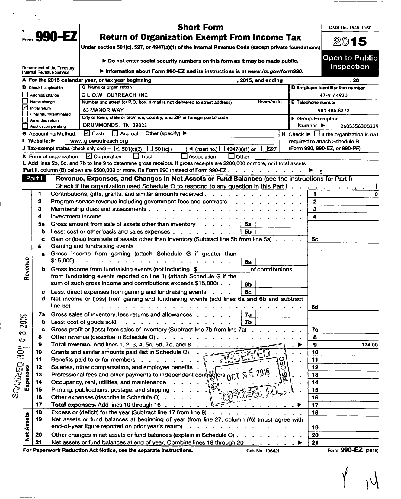 Image of first page of 2015 Form 990EZ for Glow Outreach