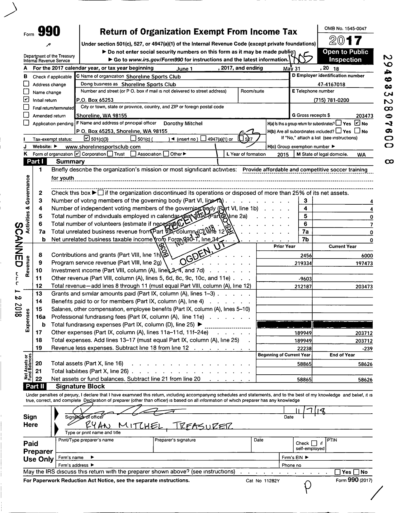 Image of first page of 2017 Form 990 for Shoreline Sports Club