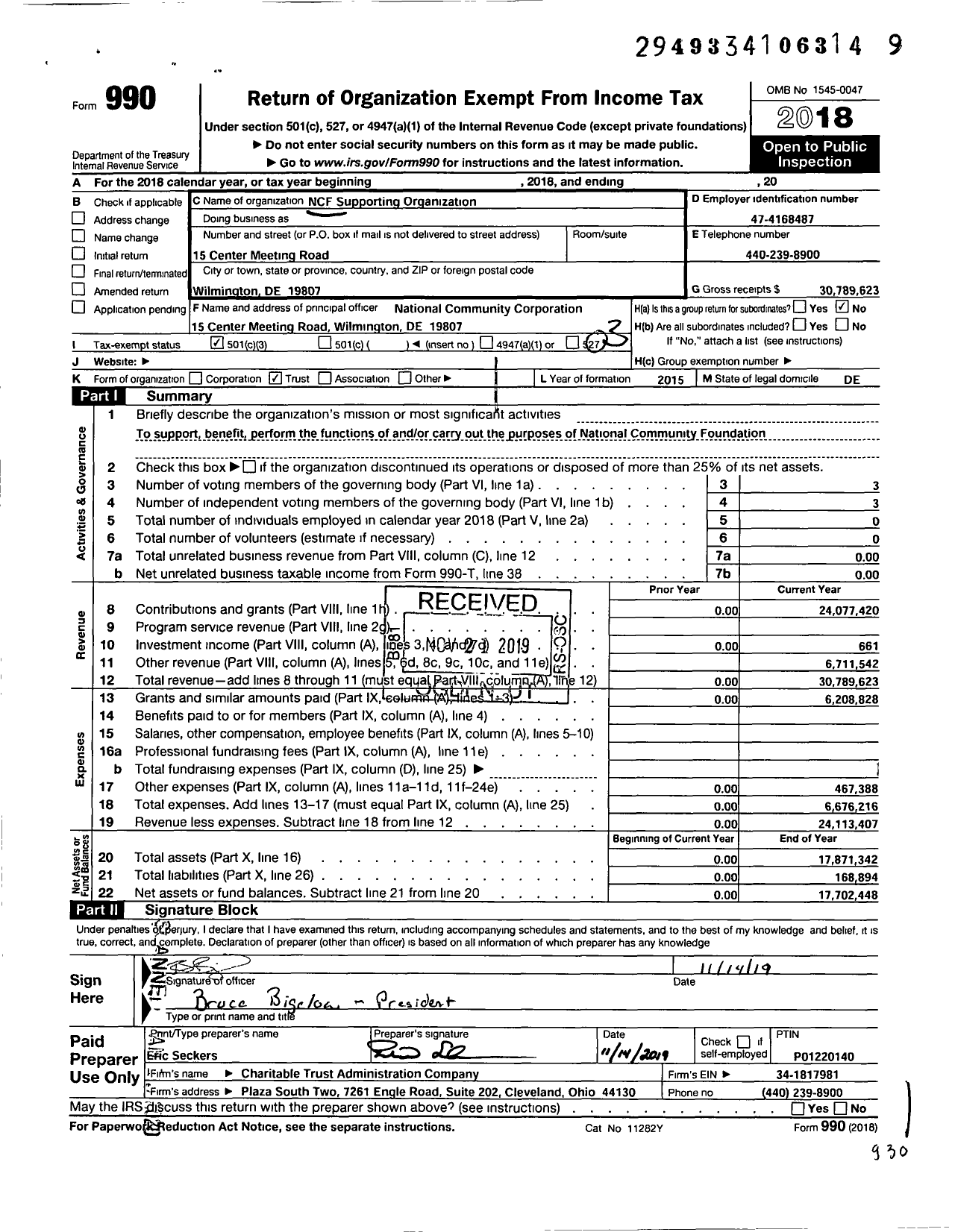 Image of first page of 2018 Form 990 for NCF Supporting Organization