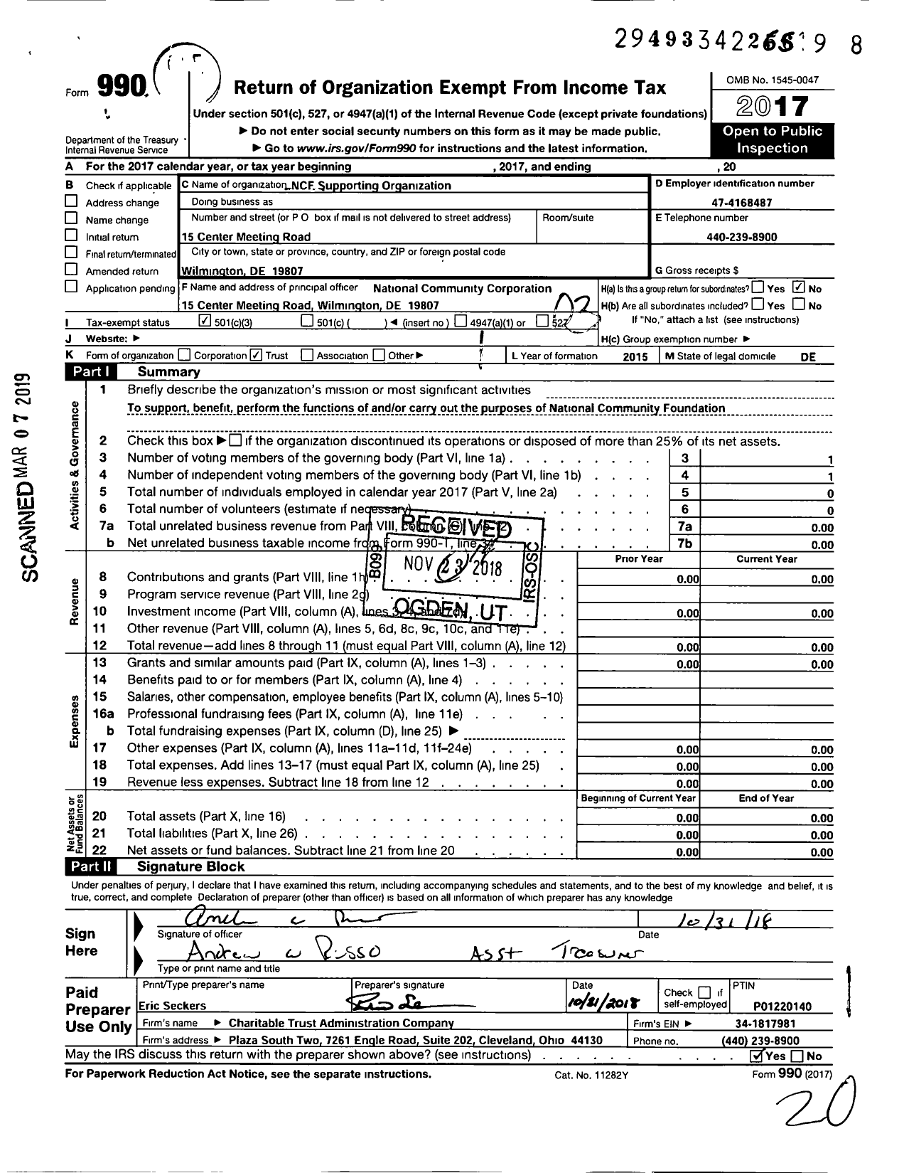 Image of first page of 2017 Form 990 for NCF Supporting Organization