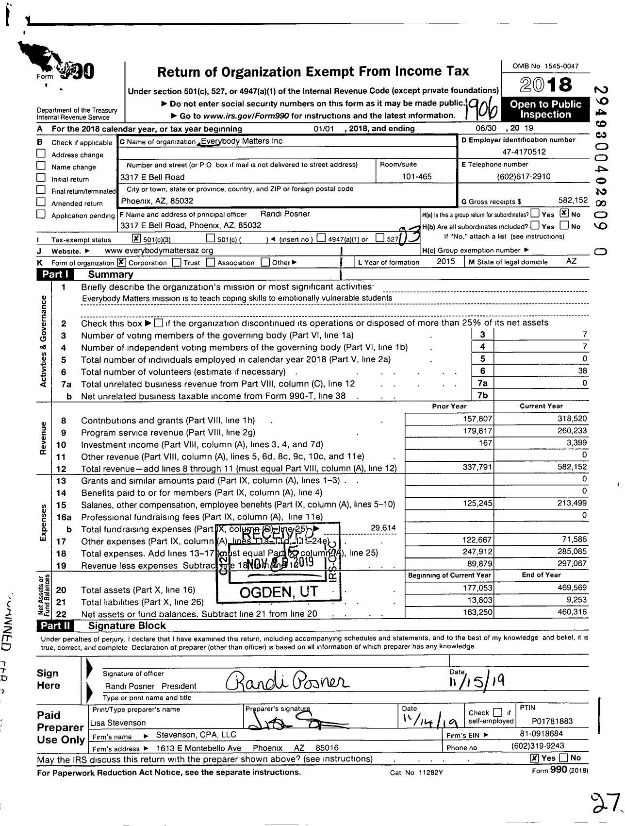 Image of first page of 2018 Form 990 for Everybody Matters