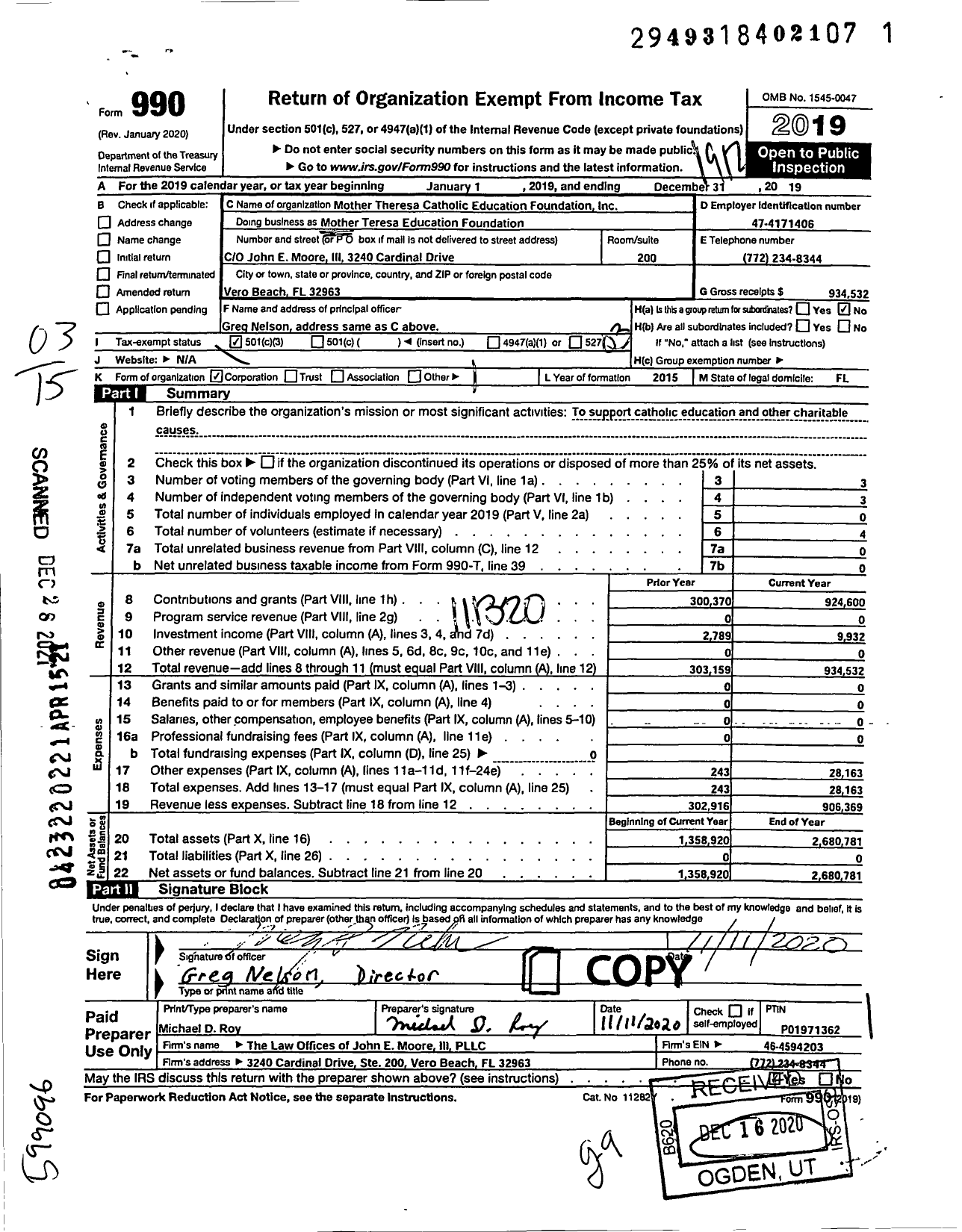 Image of first page of 2019 Form 990 for Mother Theresa Catholic Education Foundation