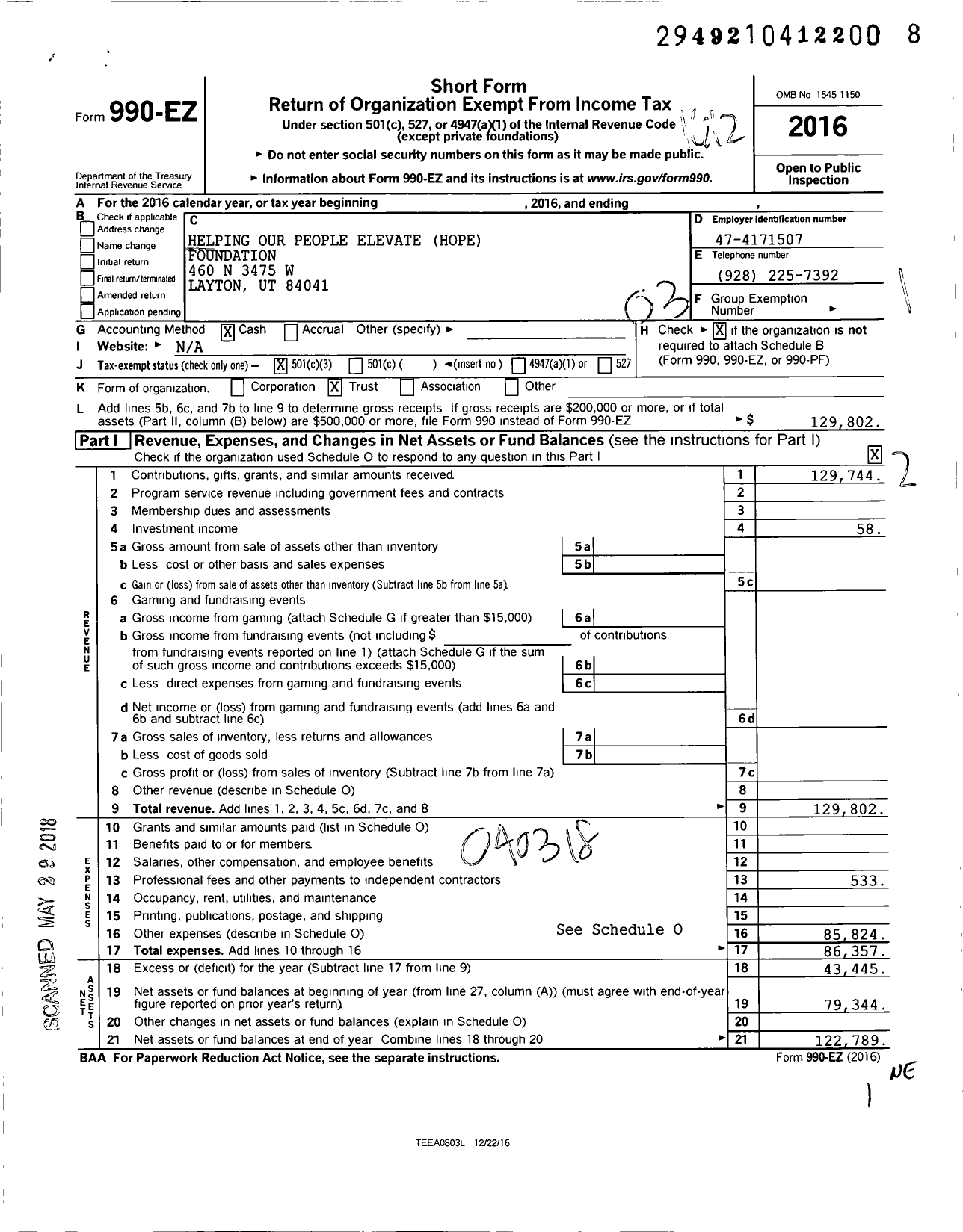 Image of first page of 2016 Form 990EZ for Helping Our People Elevate