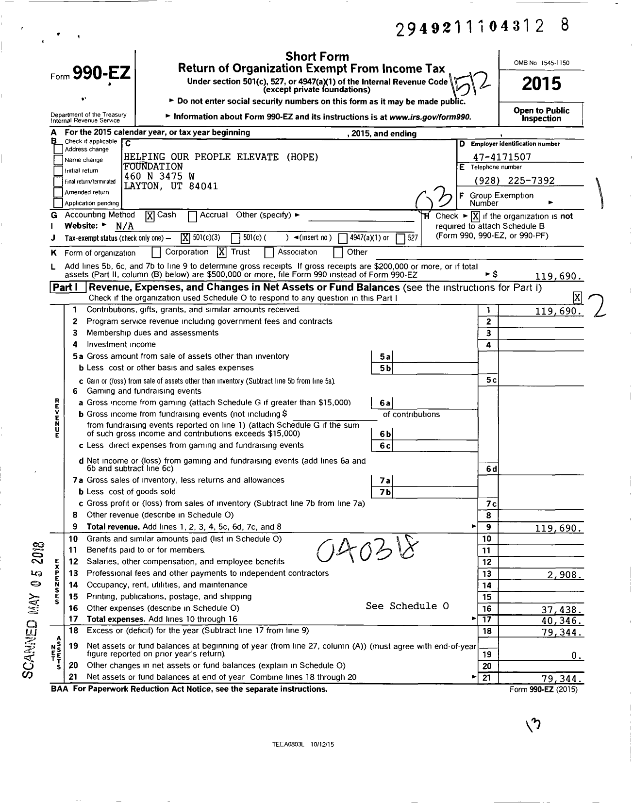 Image of first page of 2015 Form 990EZ for Helping Our People Elevate