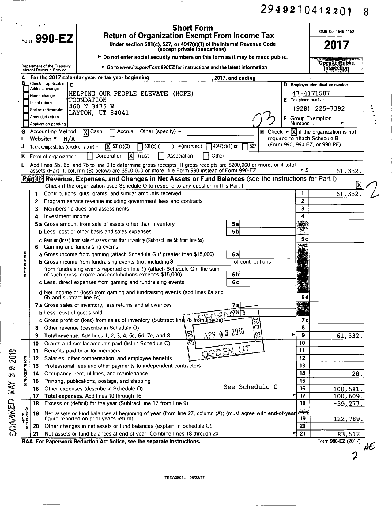 Image of first page of 2017 Form 990EZ for Helping Our People Elevate