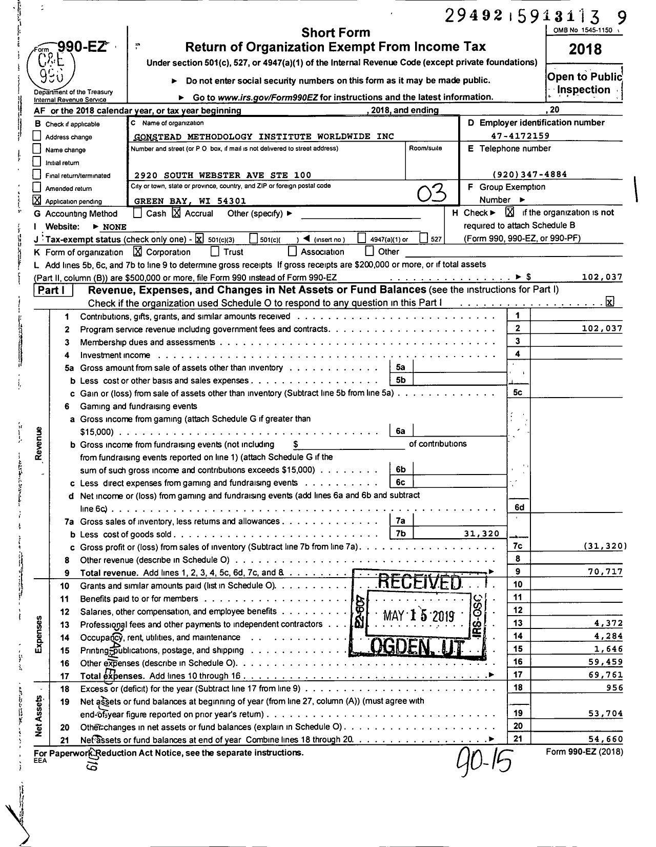 Image of first page of 2018 Form 990EZ for Gonstead Methodology Institute Worldwide