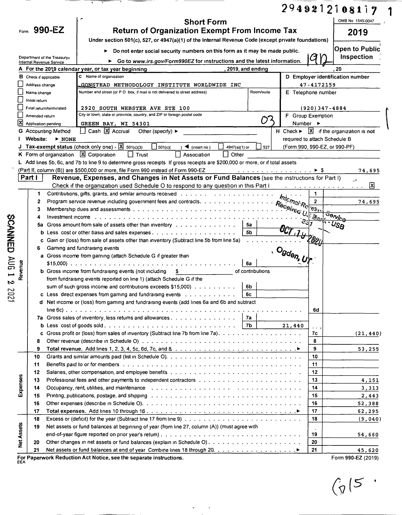 Image of first page of 2019 Form 990EZ for Gonstead Methodology Institute Worldwide