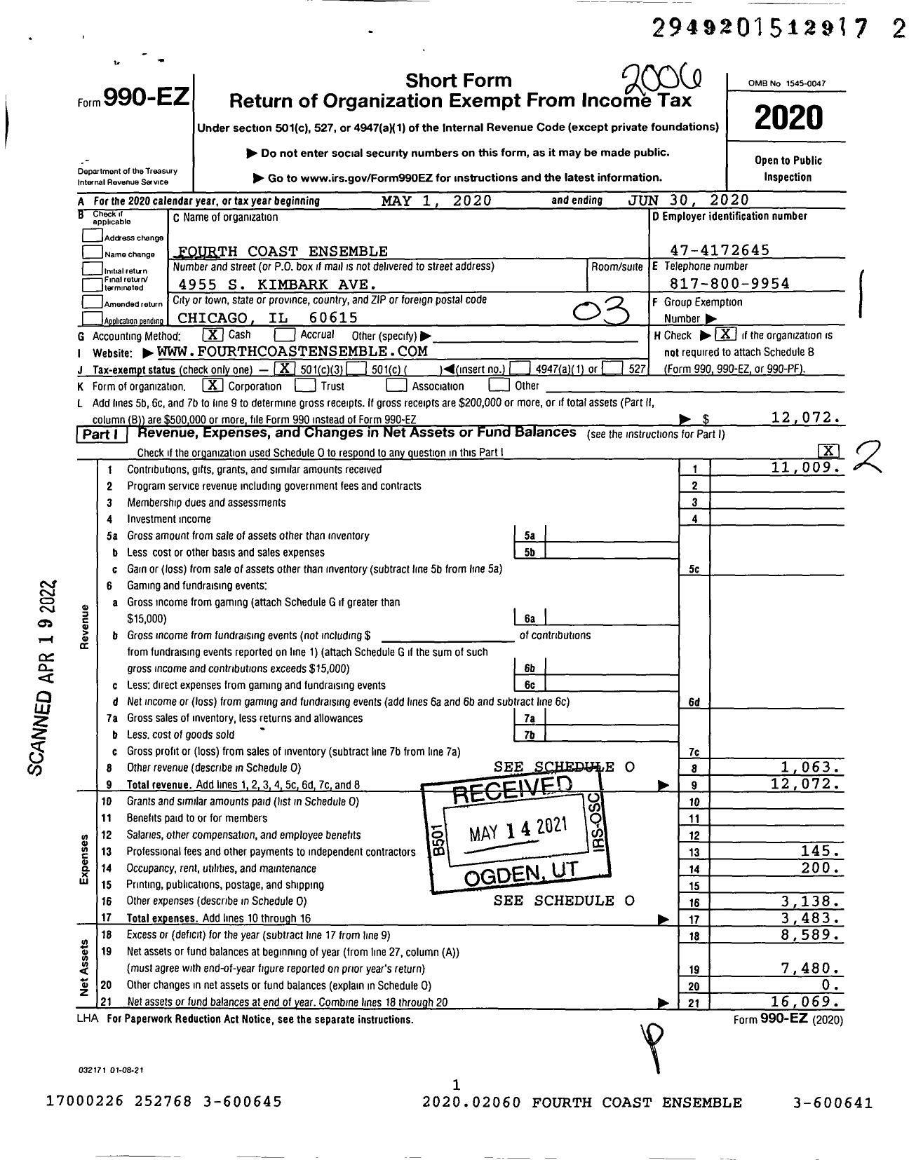 Image of first page of 2019 Form 990EZ for Fourth Coast Ensemble