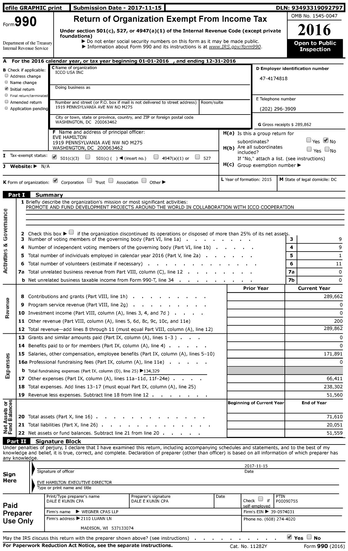Image of first page of 2016 Form 990 for Icco USA