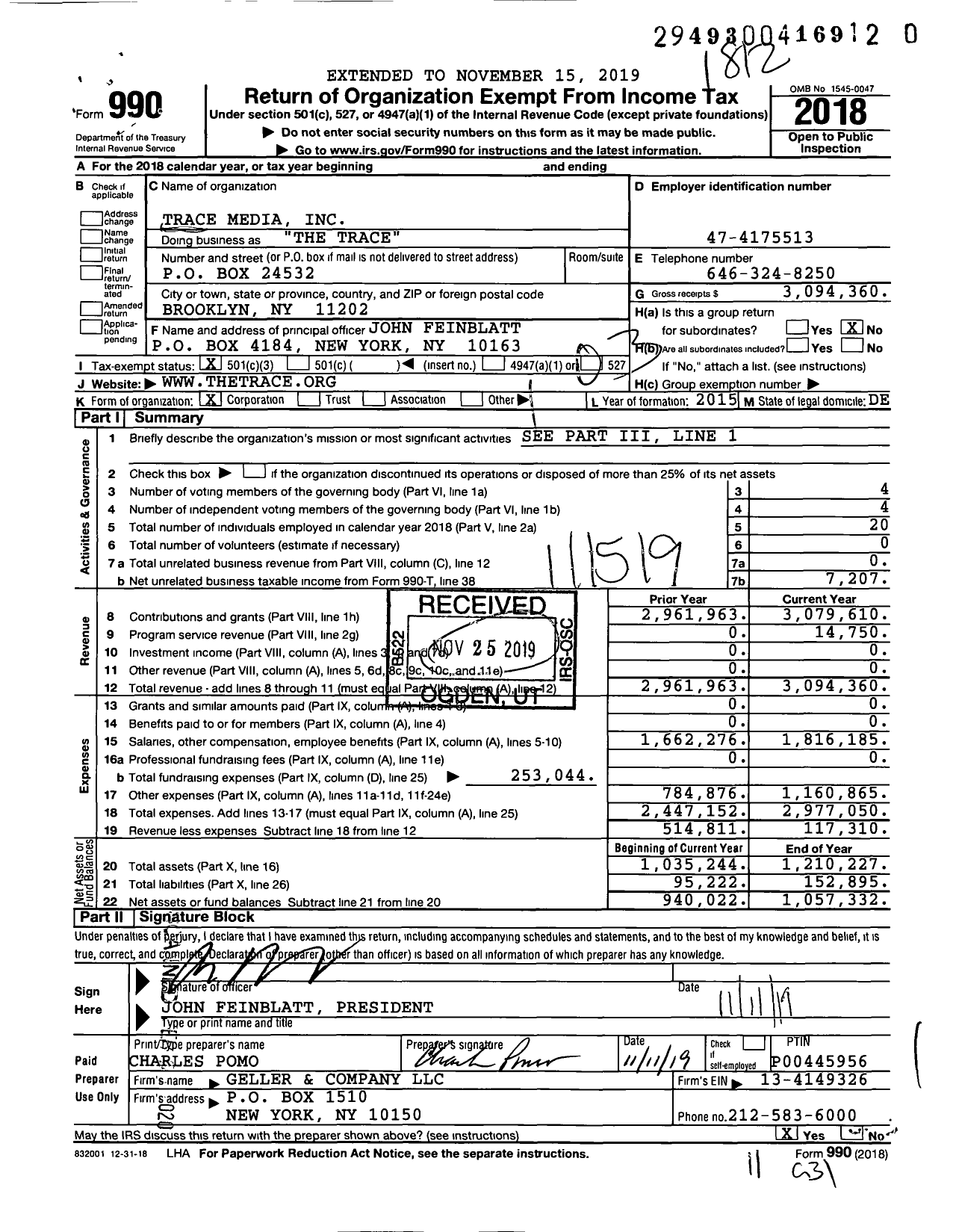 Image of first page of 2018 Form 990 for The Trace