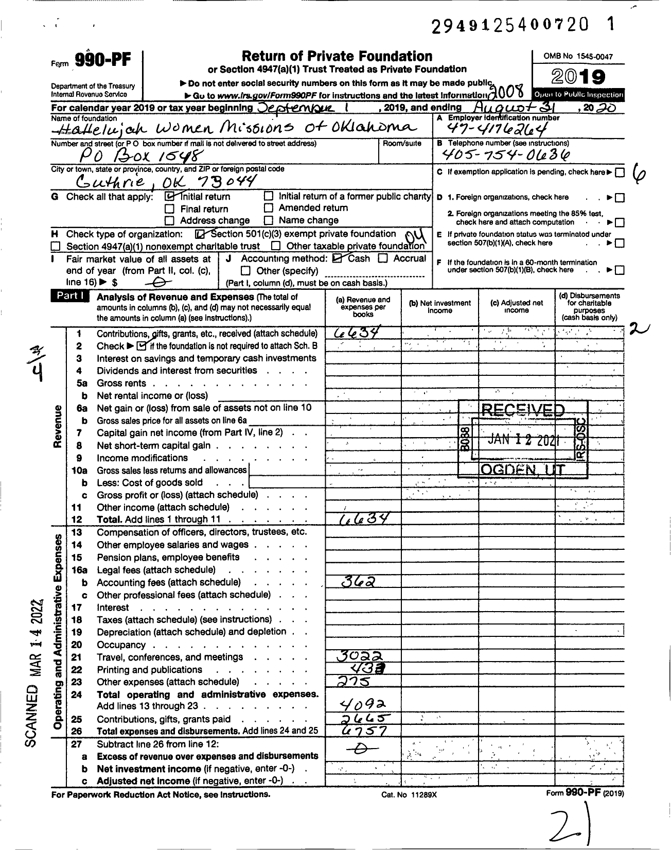 Image of first page of 2019 Form 990PF for Hallelujah Women Missions of Oklahoma