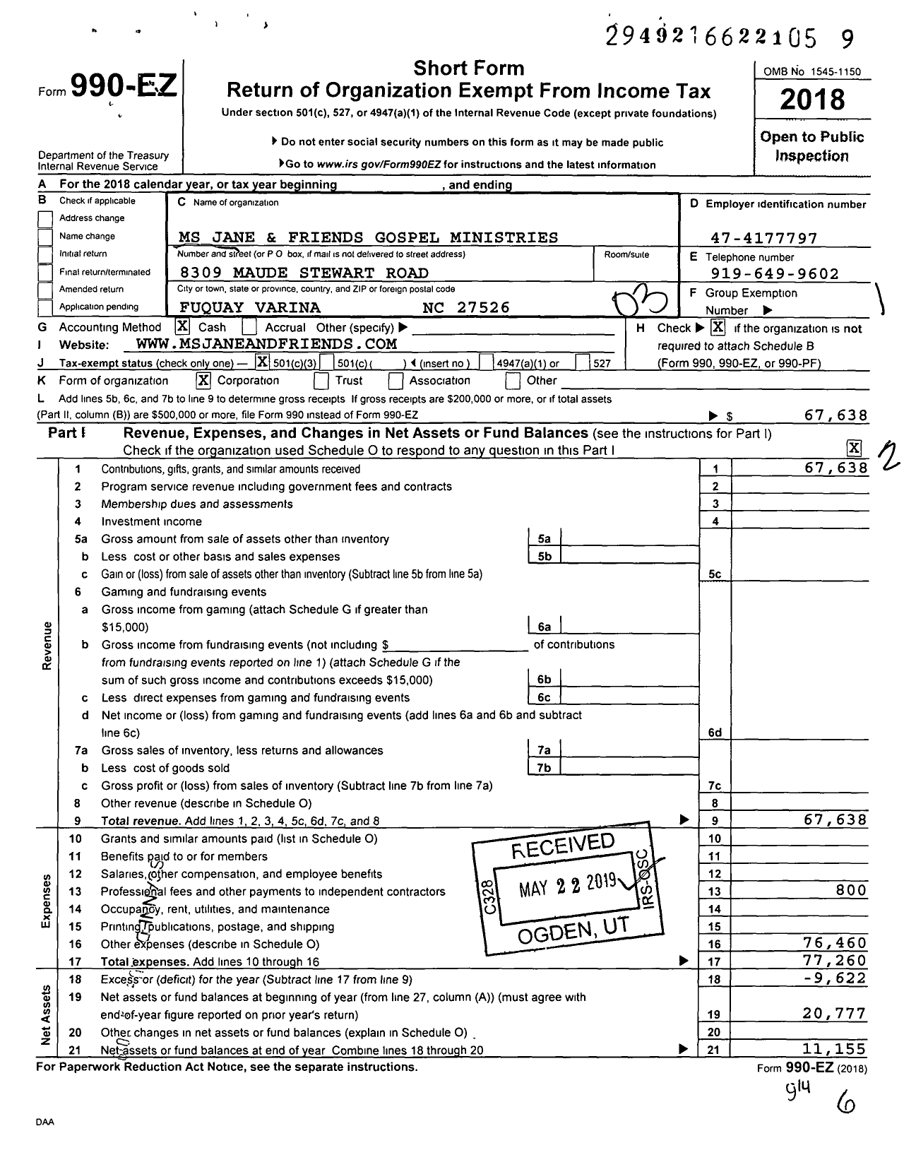 Image of first page of 2018 Form 990EZ for MS Jane and Friends Gospel Ministries