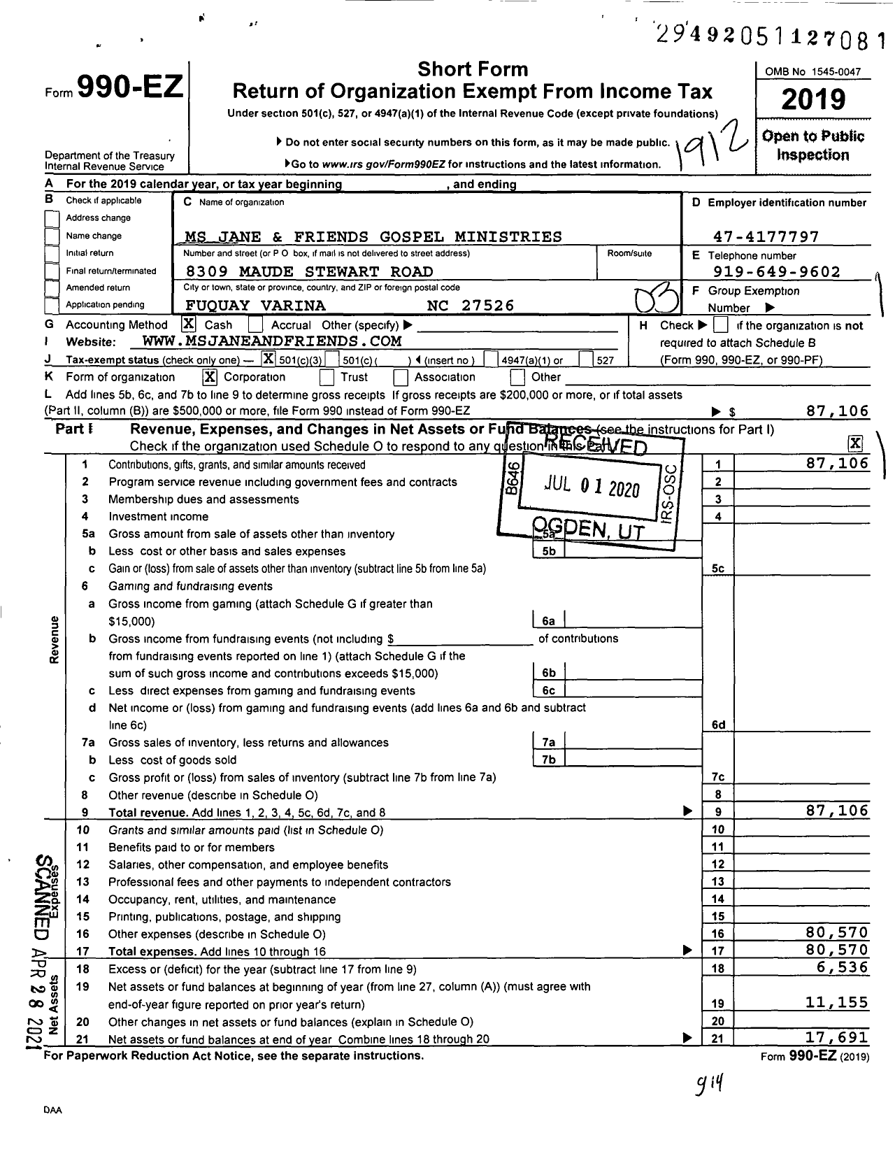 Image of first page of 2019 Form 990EZ for MS Jane and Friends Gospel Ministries