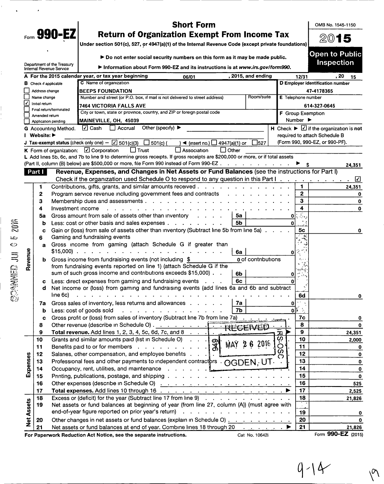 Image of first page of 2015 Form 990EZ for Beeps Foundation