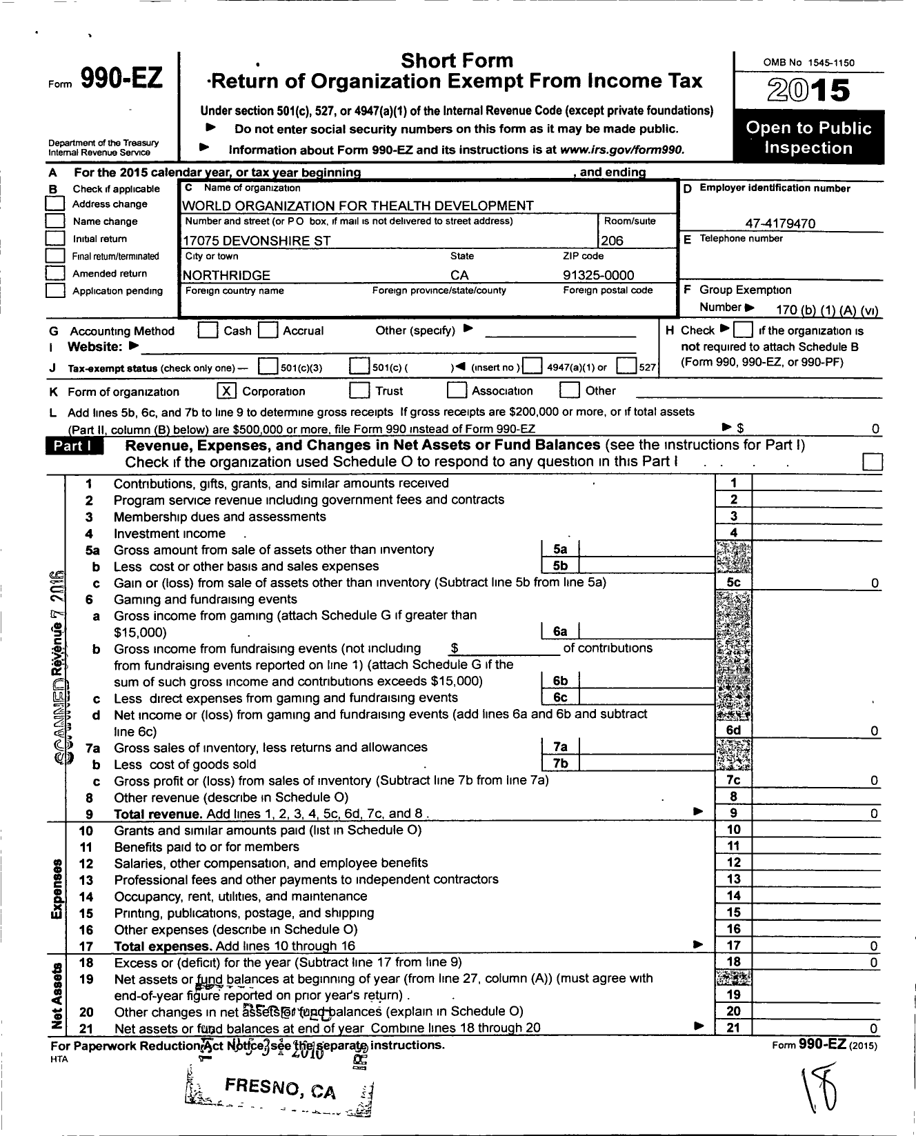 Image of first page of 2015 Form 990EO for World Organization for Health Development