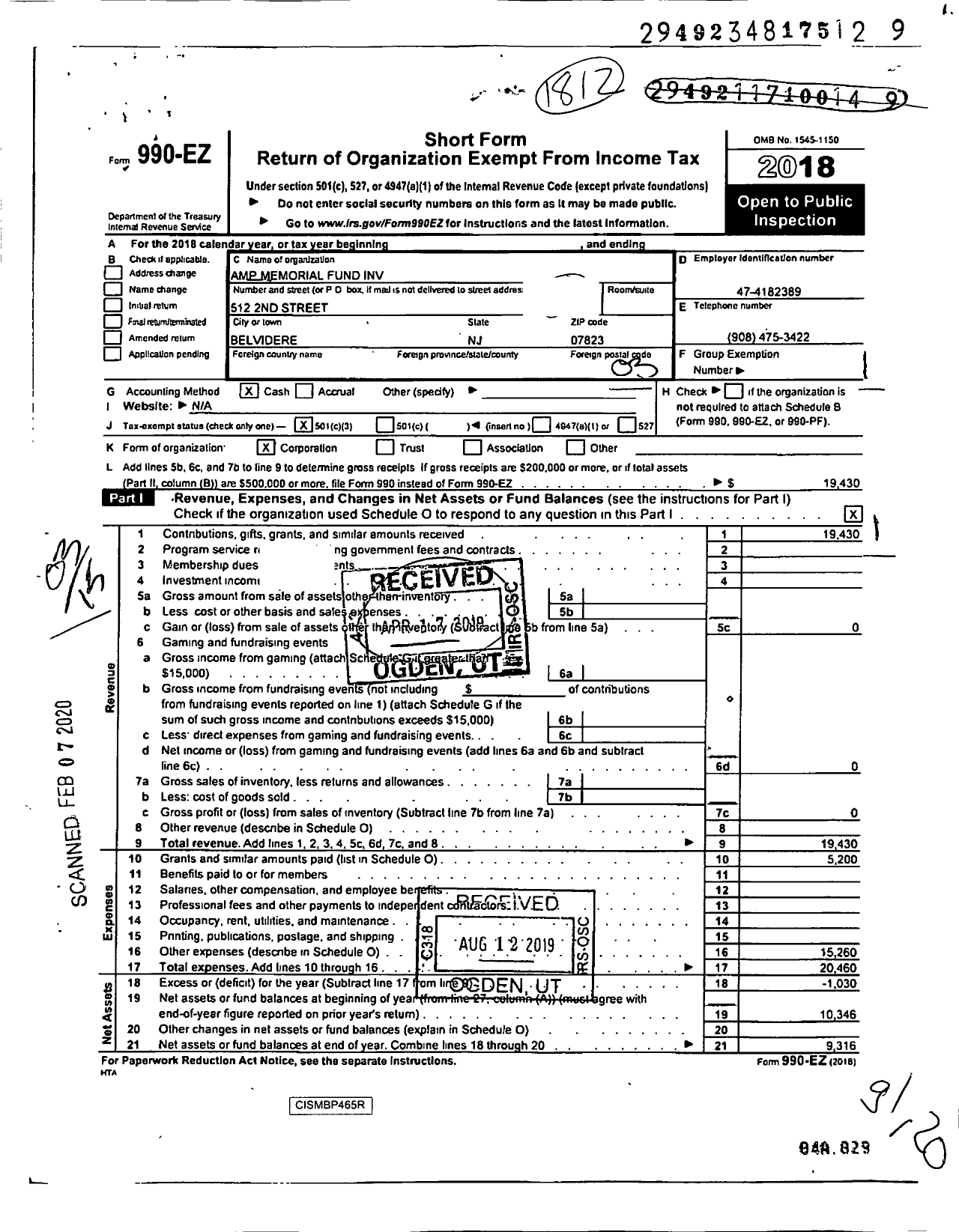 Image of first page of 2018 Form 990EZ for Amp Memorial Fund