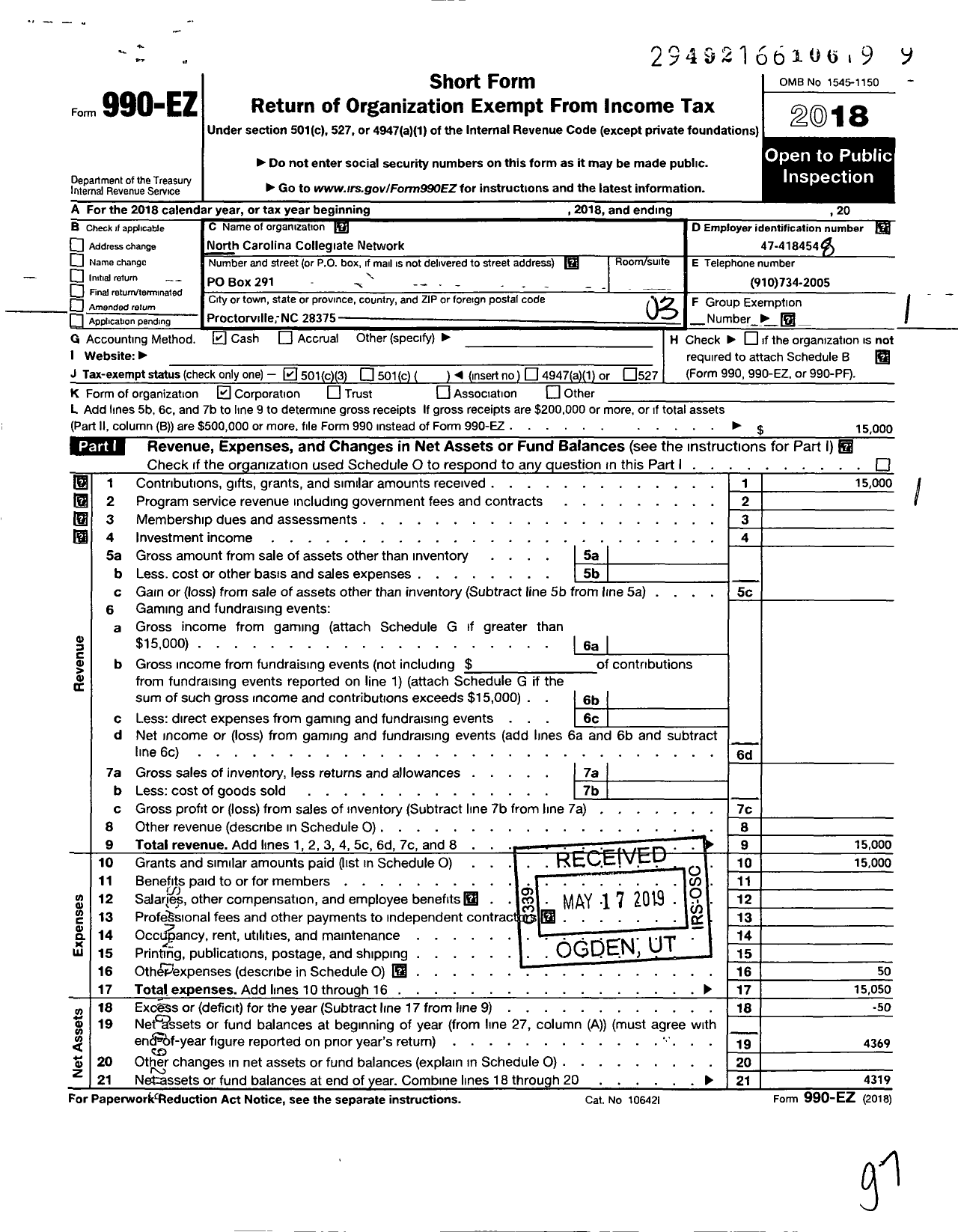 Image of first page of 2018 Form 990EZ for North Carolina Collegiate Network