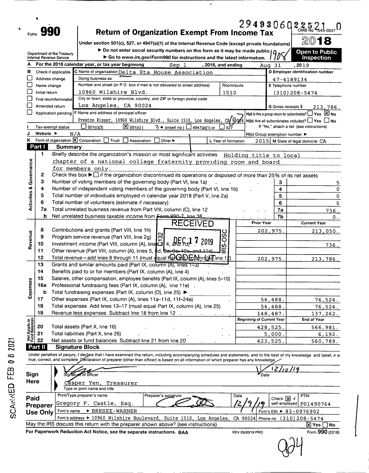 Image of first page of 2018 Form 990O for Delta Eta House Association