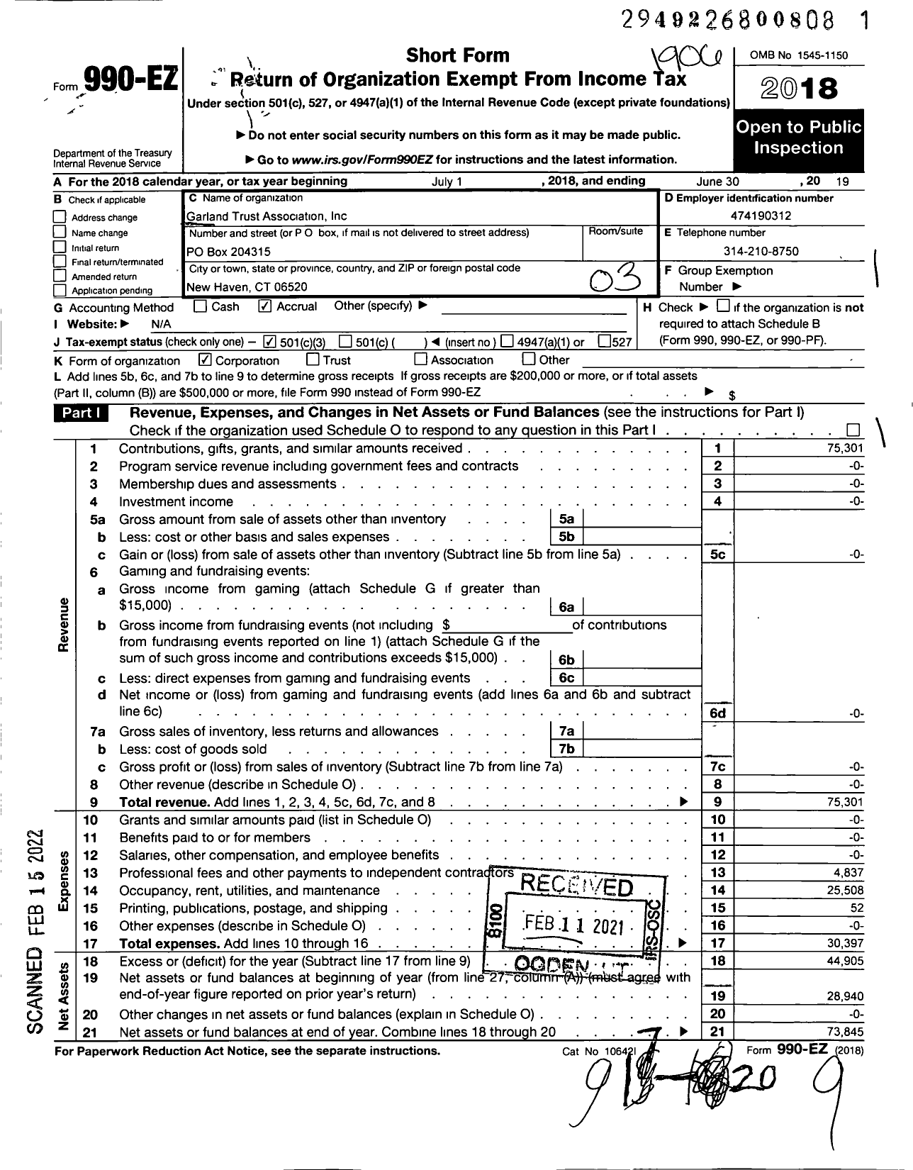 Image of first page of 2018 Form 990EZ for Garland Trust Association