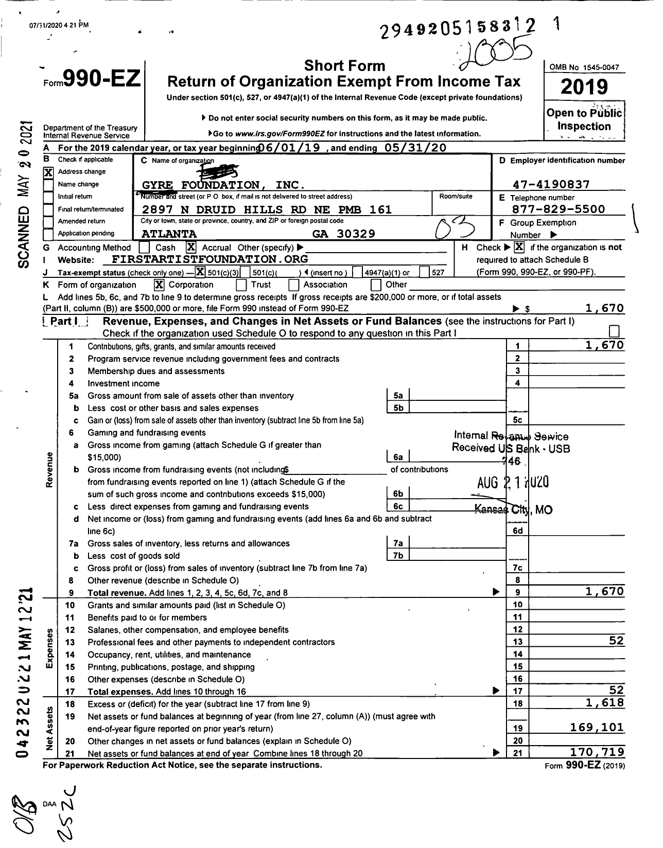 Image of first page of 2019 Form 990EZ for Gyre Foundation