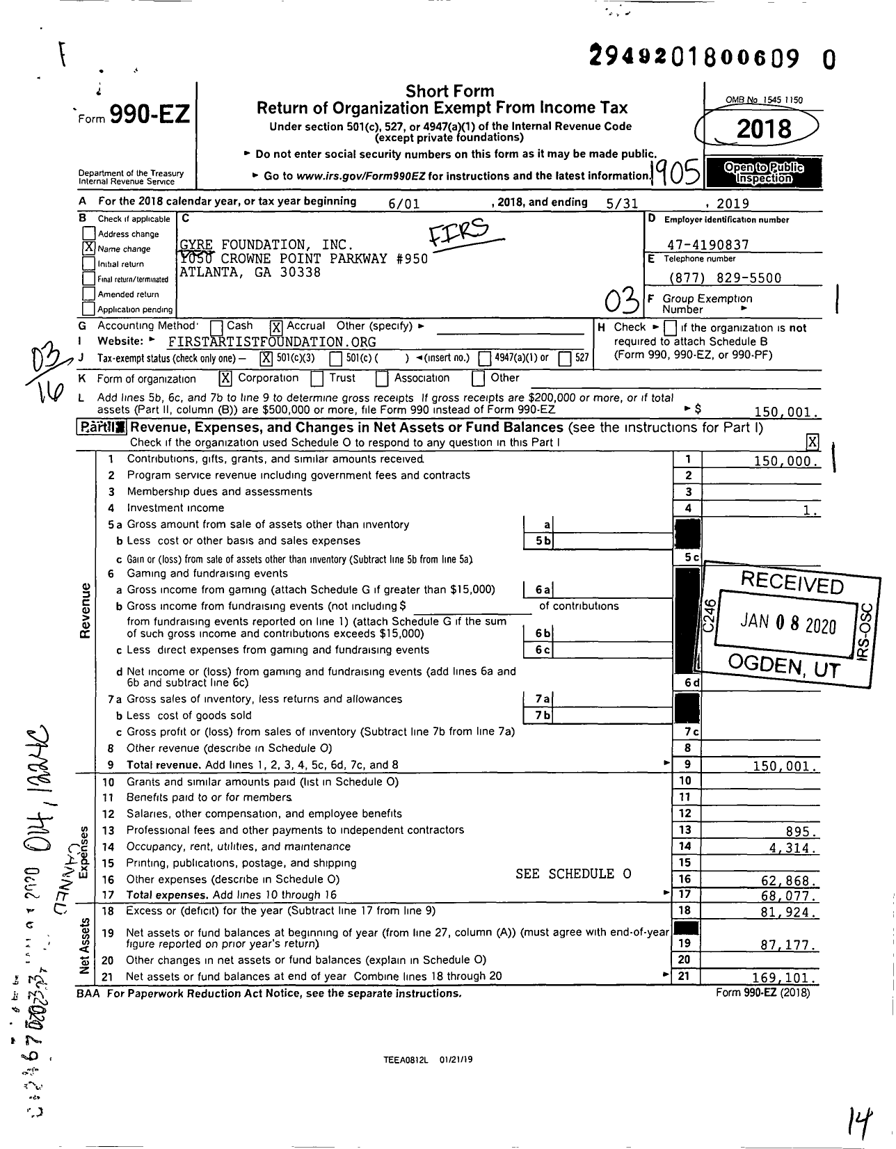 Image of first page of 2018 Form 990EZ for Gyre Foundation