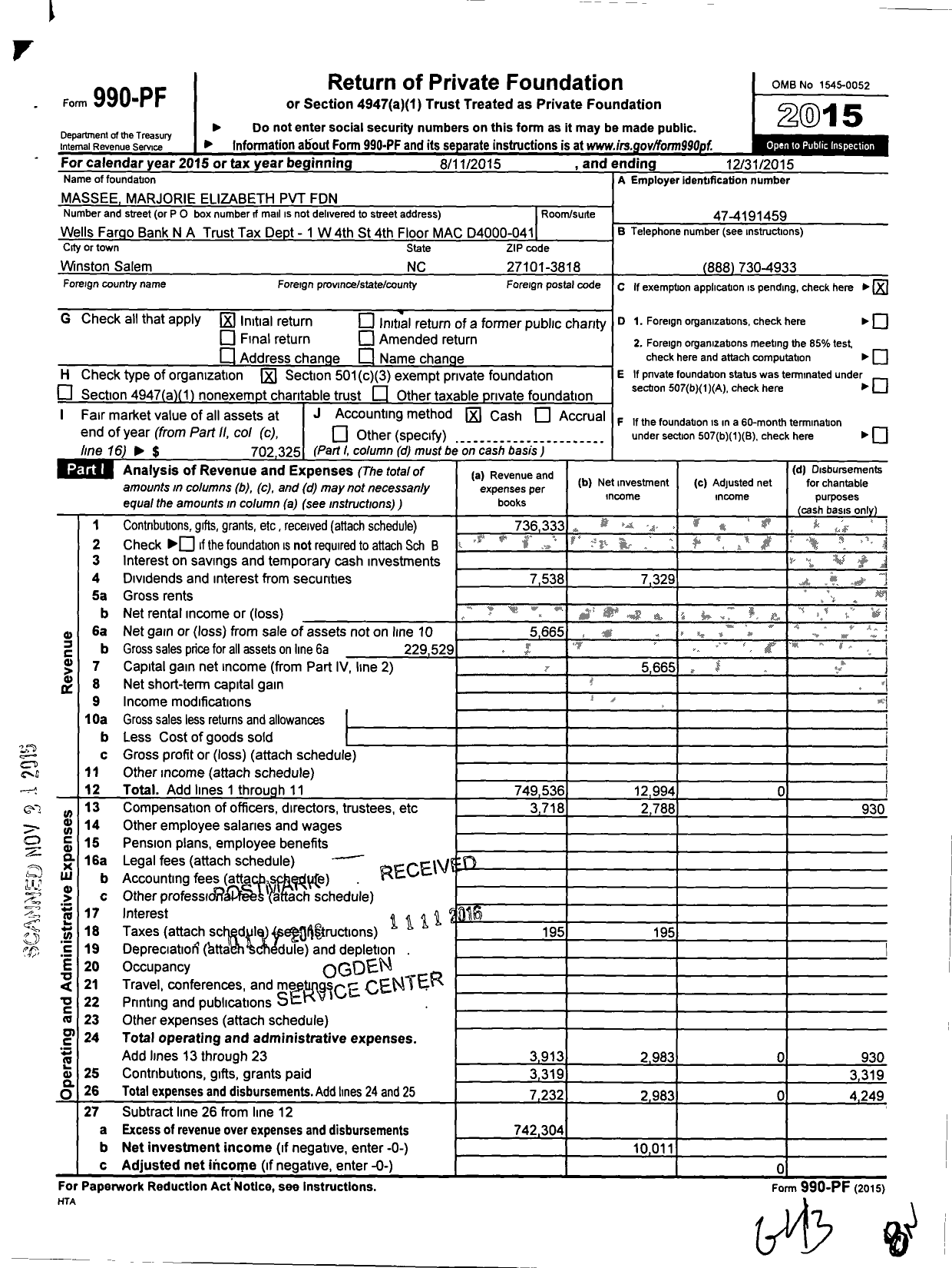 Image of first page of 2015 Form 990PF for Massee Marjorie Elizabeth PVT Foundation