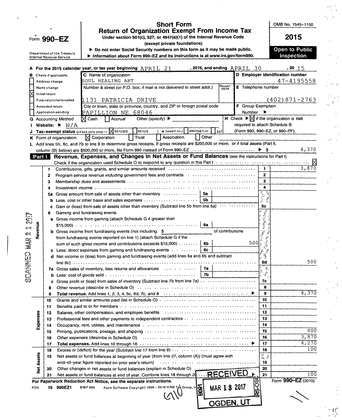 Image of first page of 2014 Form 990EZ for Soul Healing Art 1131 Patricia Dr Papillion Ne 68046