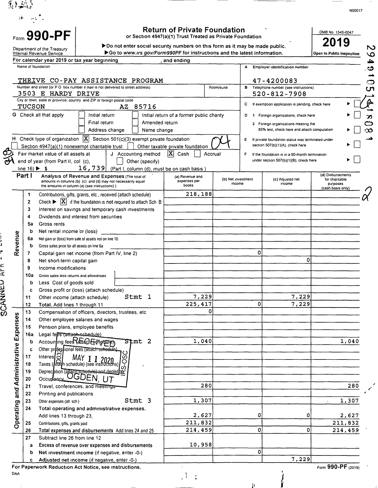 Image of first page of 2019 Form 990PF for Thrive Co-Pay Assistance Program