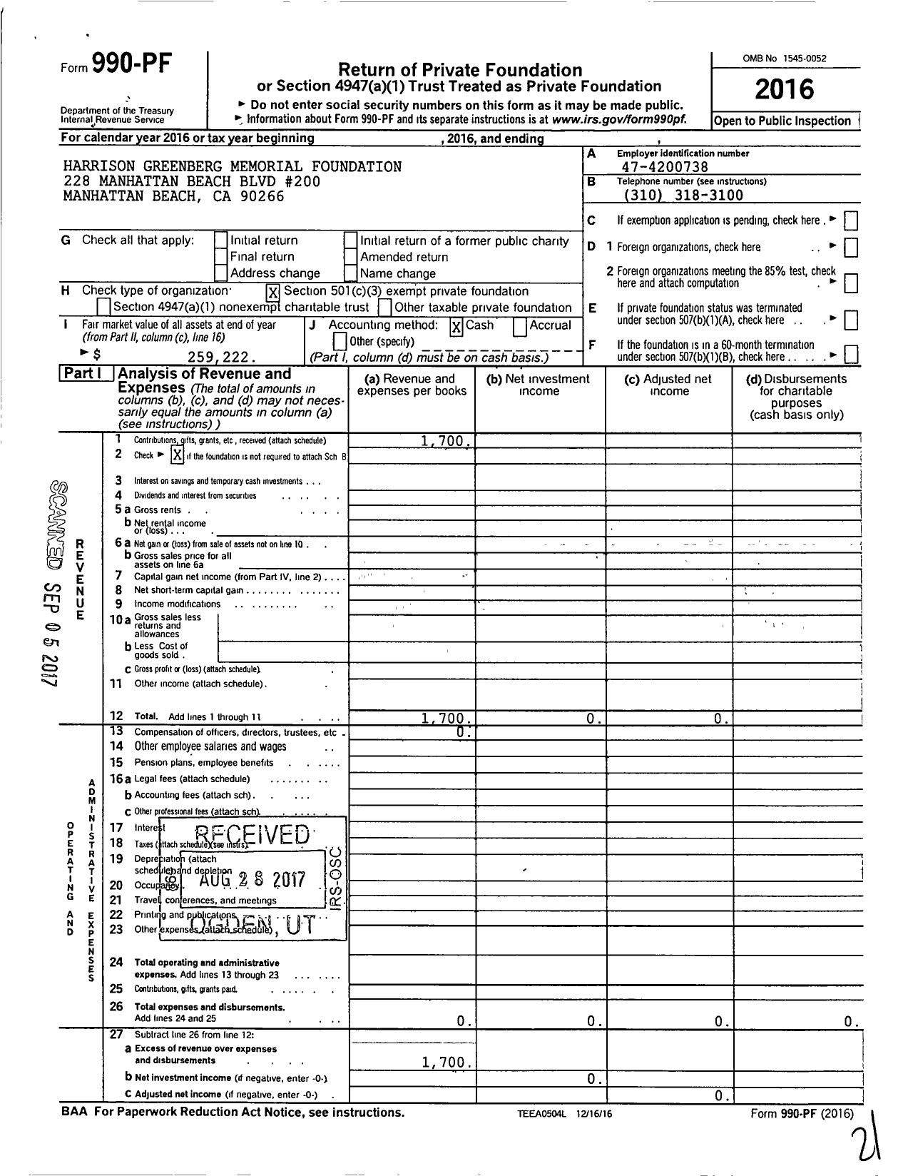 Image of first page of 2016 Form 990PF for Harrison Greenberg Memorial Foundation