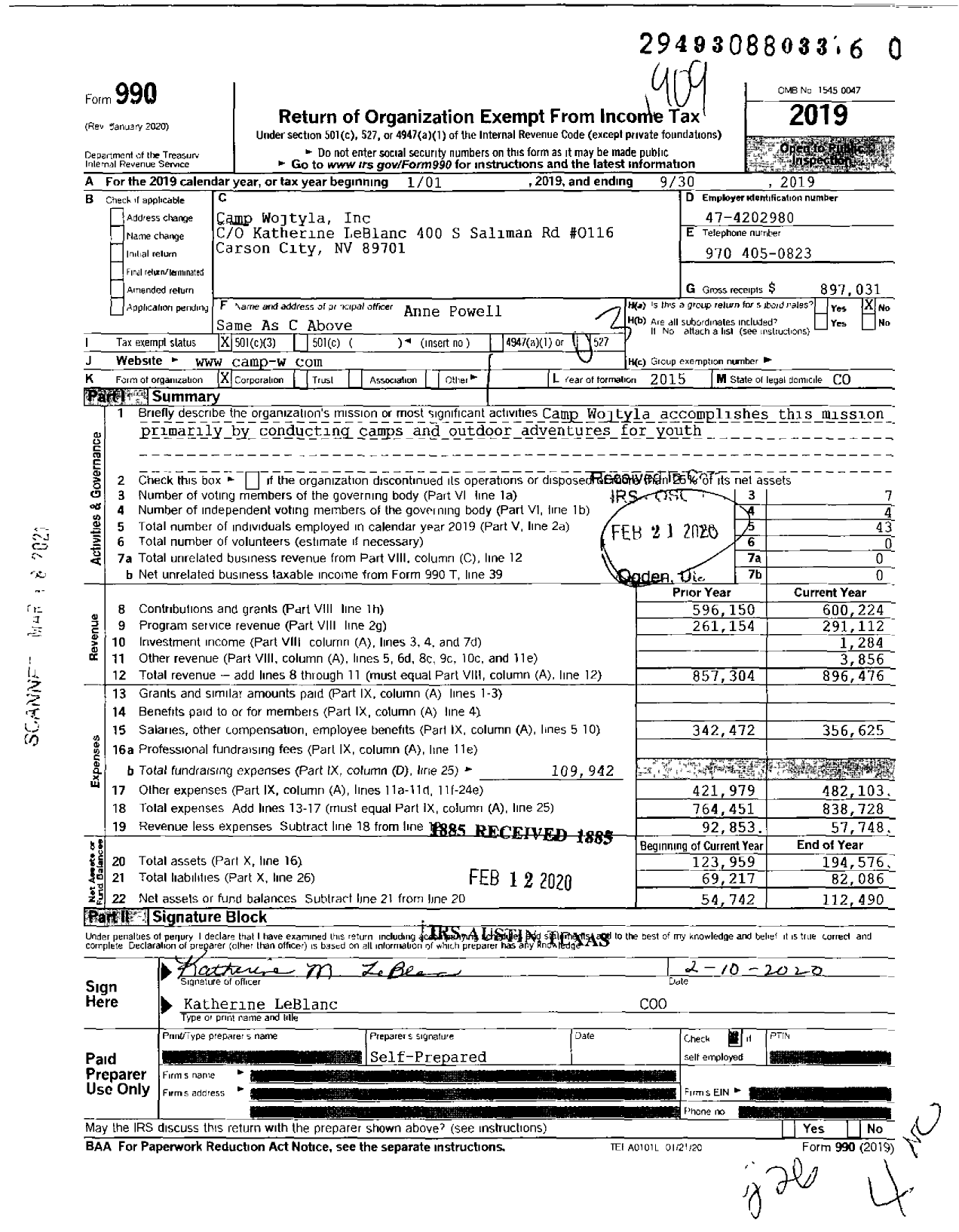 Image of first page of 2018 Form 990 for Camp Wojtyla