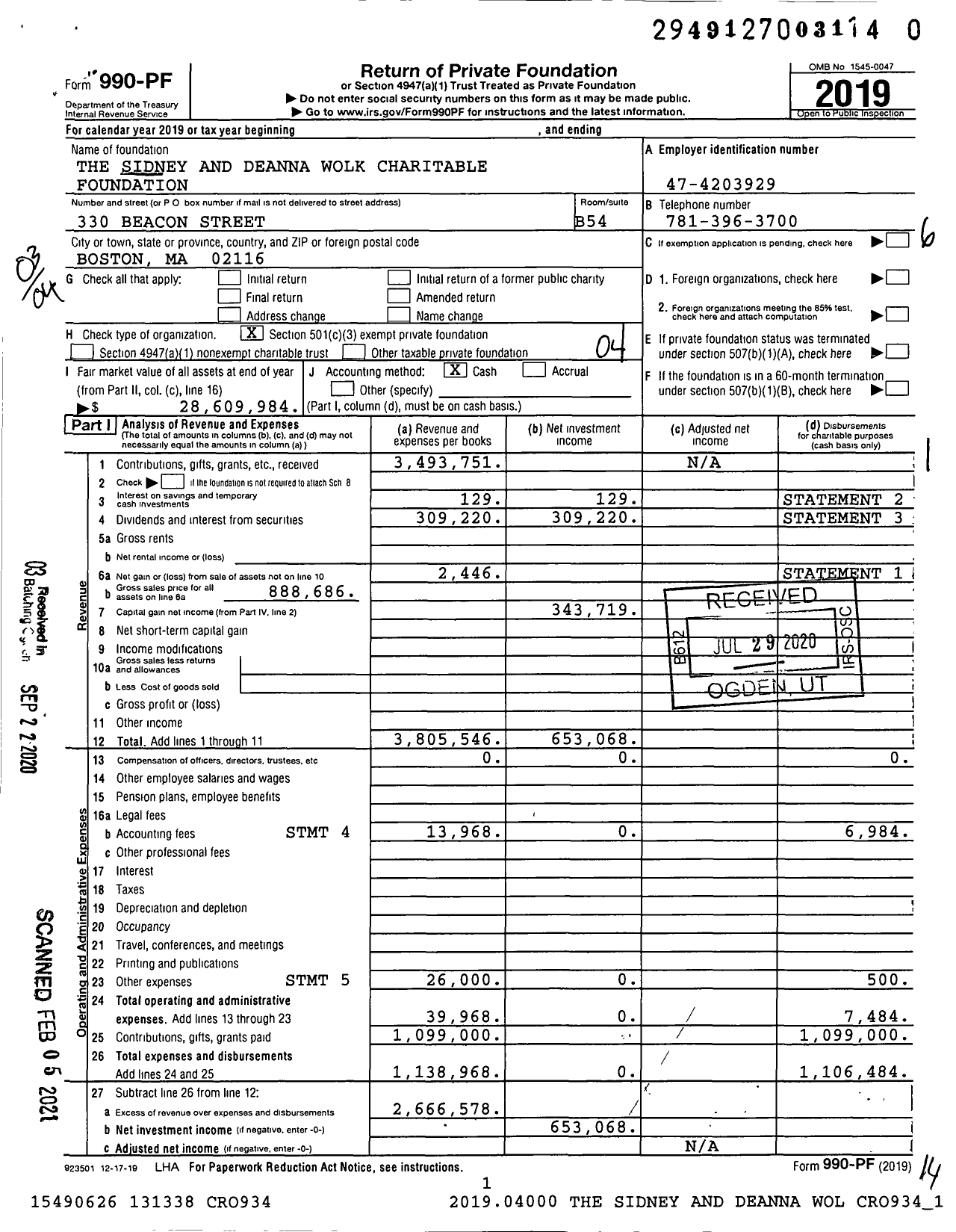 Image of first page of 2019 Form 990PF for The Sidney and Deanna Wolk Family Foundation