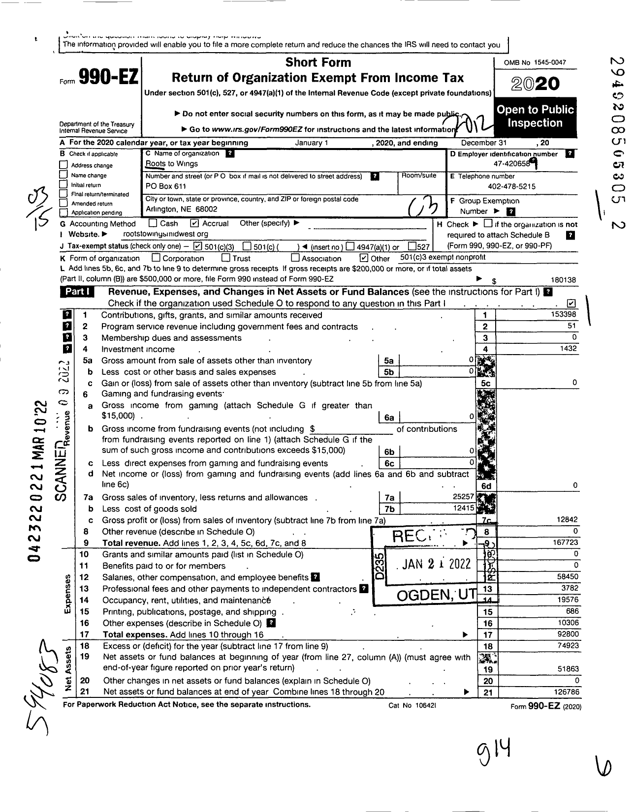 Image of first page of 2020 Form 990EZ for Roots To Wings