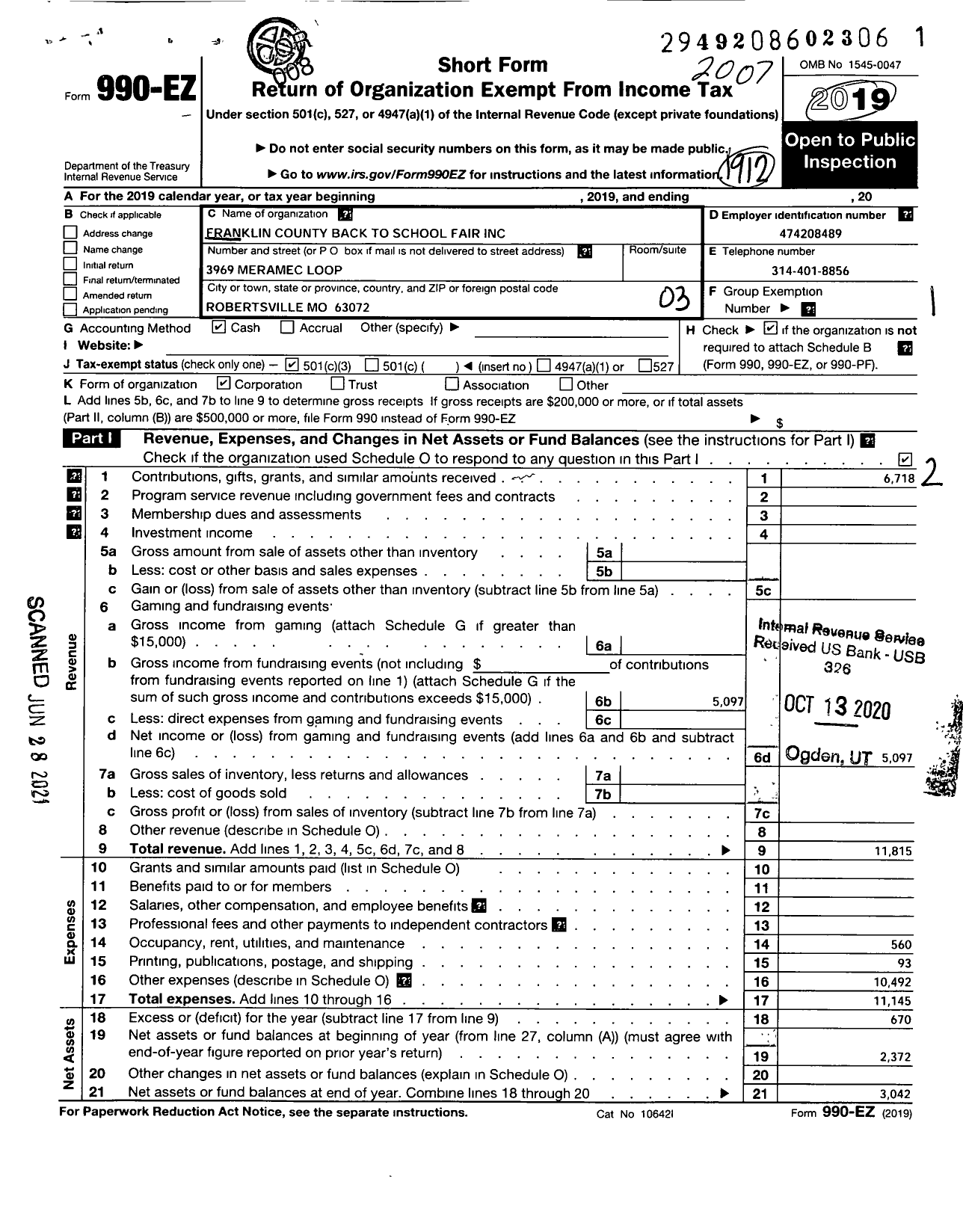 Image of first page of 2019 Form 990EZ for Franklin County Back To School Fair