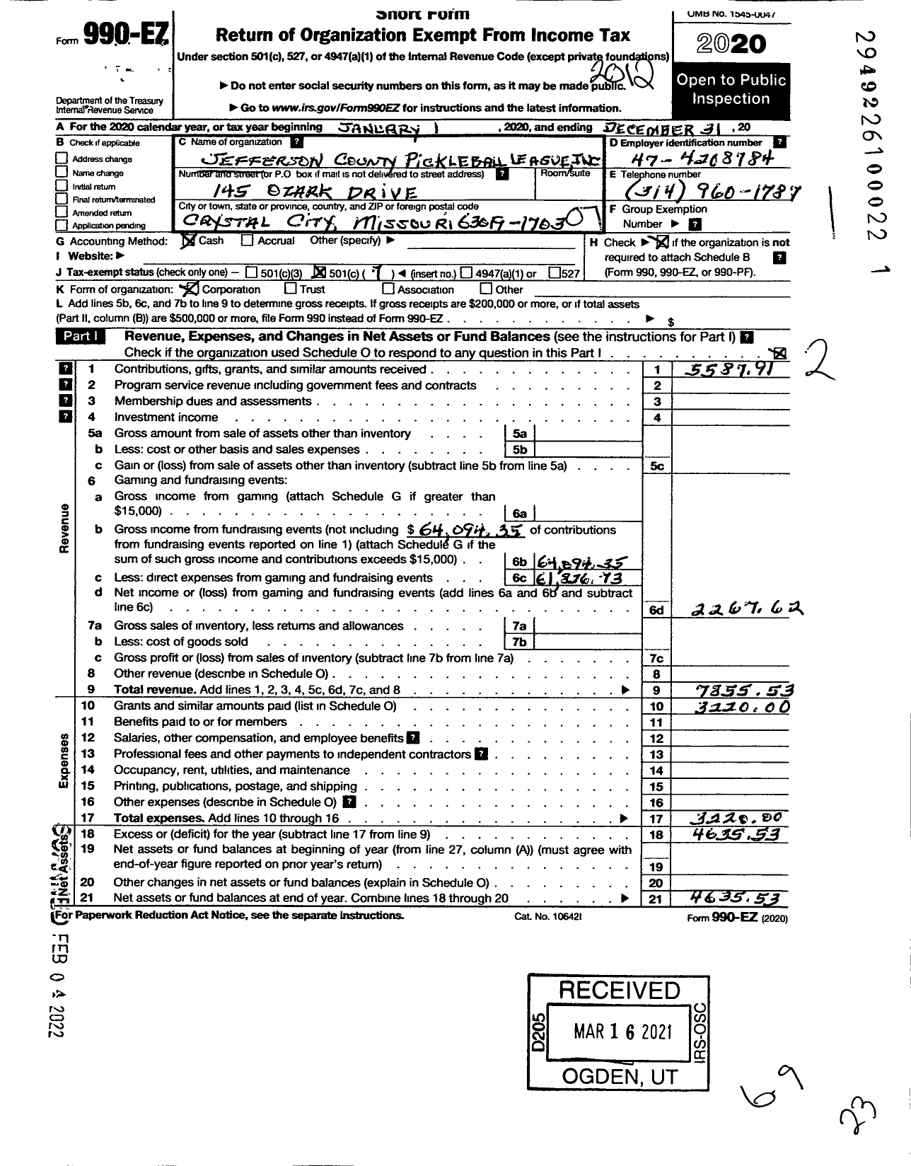 Image of first page of 2020 Form 990EO for Jefferson County Pickleball League