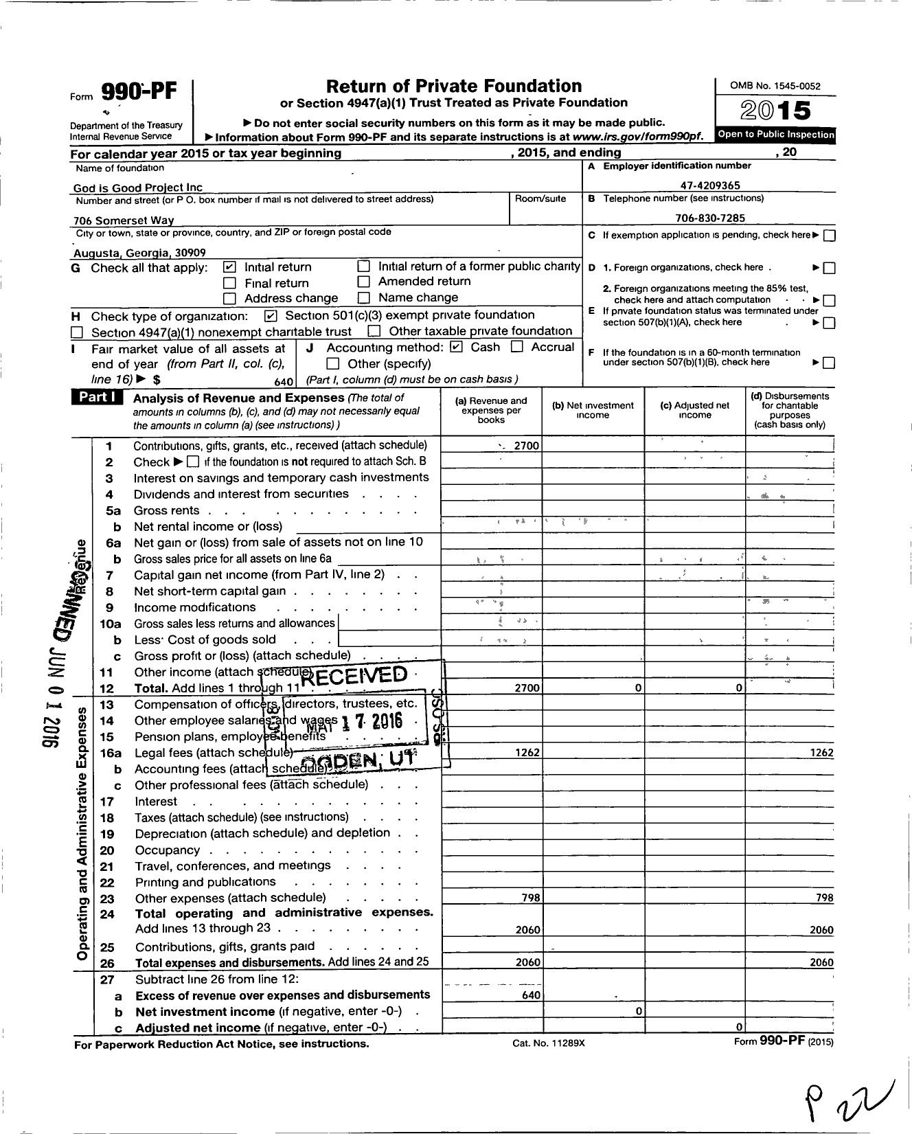 Image of first page of 2015 Form 990PF for God Is Good Project