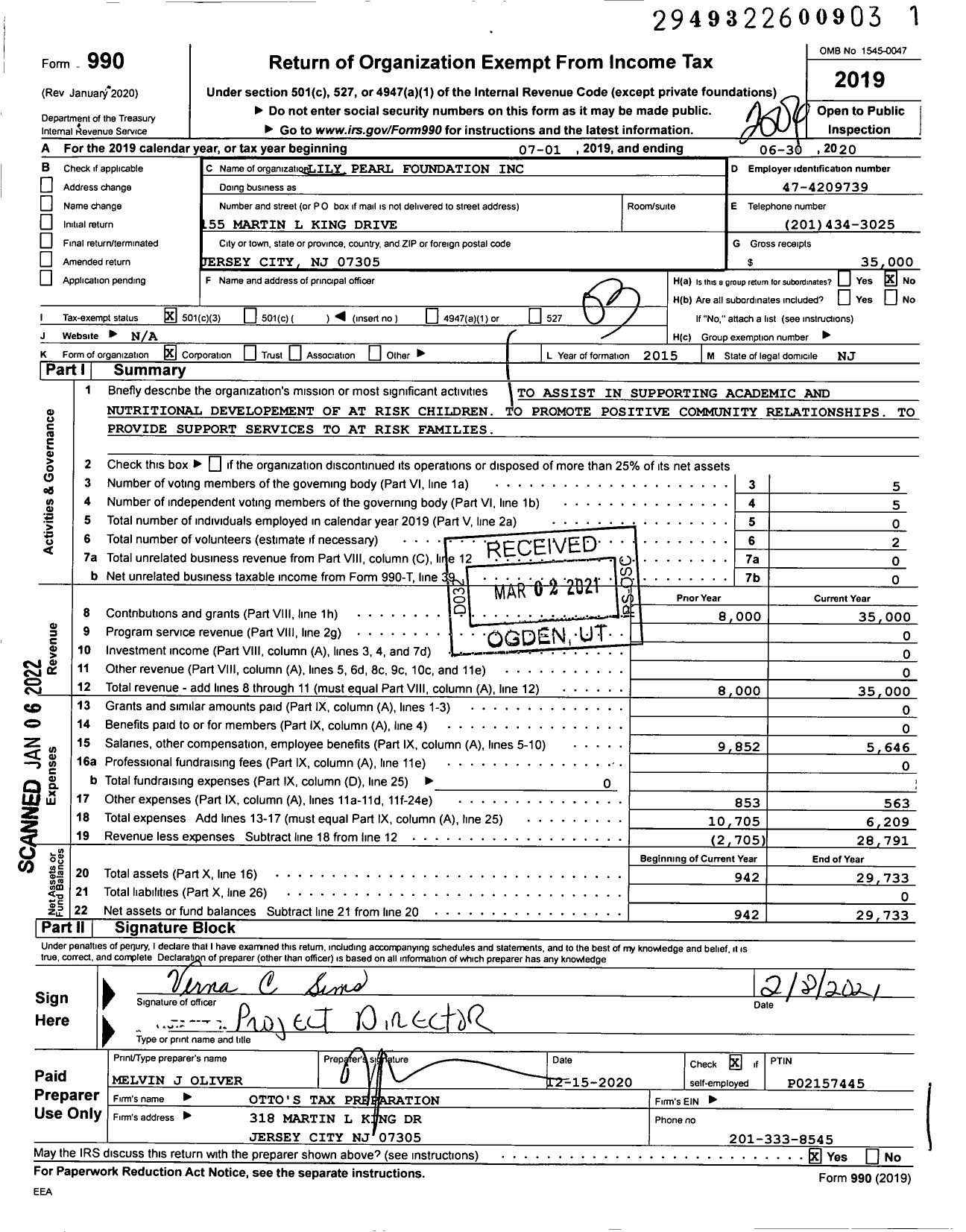 Image of first page of 2019 Form 990 for Lily Pearl Foundation