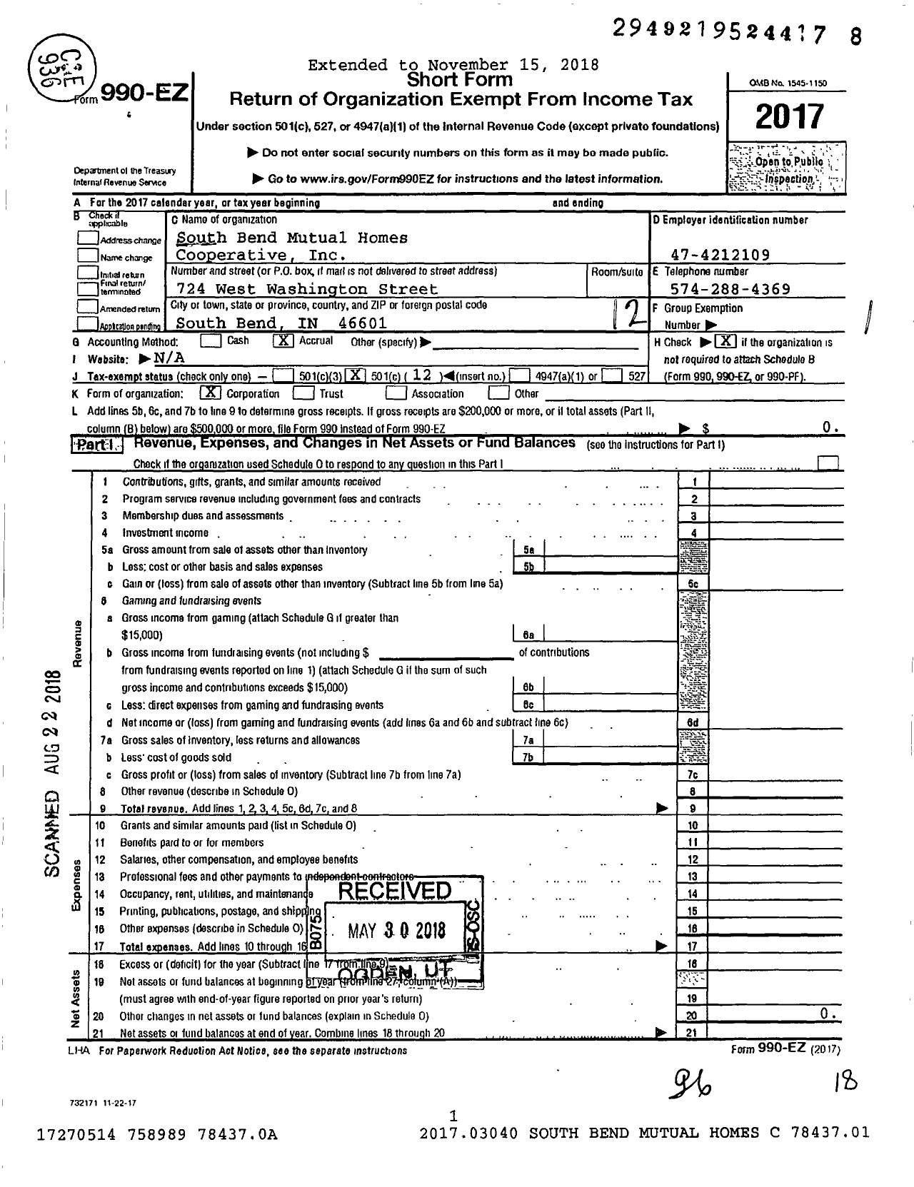 Image of first page of 2017 Form 990EO for South Bend Mutual Homes Cooperative