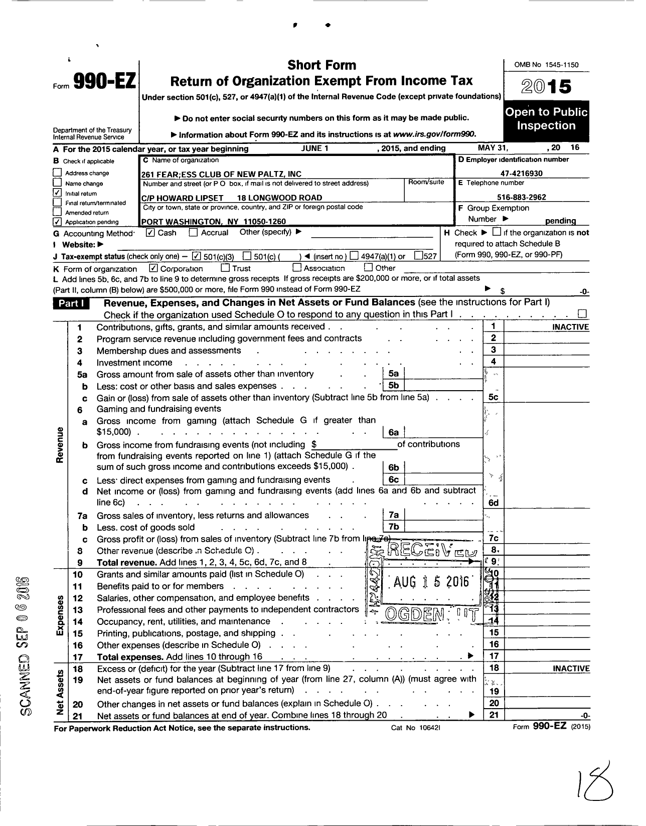 Image of first page of 2015 Form 990EZ for 261 Fearless Club of New Paltz