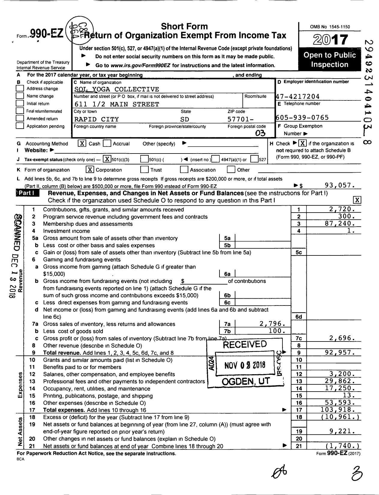 Image of first page of 2017 Form 990EZ for Sol Yoga Collective